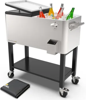 Permasteel Party Cooler with Removable Basin, Spacious 80-Qt Capacity, Rolling Ice Chest for Indoor and Outdoor Stainless Steel   Bonus Cover