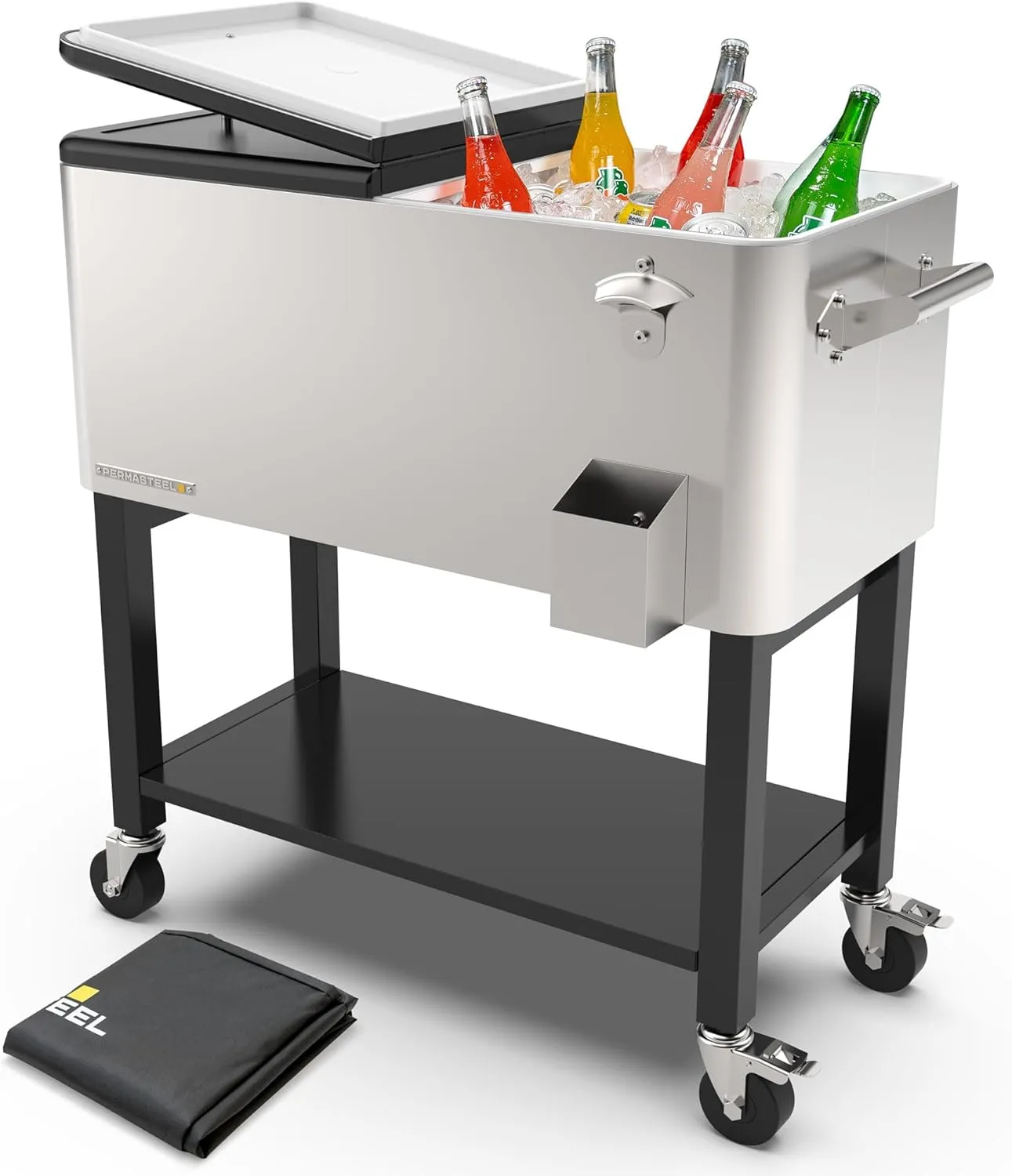 Permasteel Party Cooler with Removable Basin, Spacious 80-Qt Capacity, Rolling Ice Chest for Indoor and Outdoor Stainless Steel   Bonus Cover
