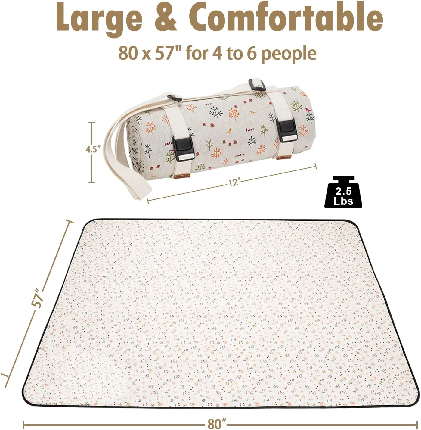 Picnic Blankets Washable Polyester Camping Blankets Emergency Backpack Accessories with Waterproof Backing and Shoulder Strap, 57"x79"