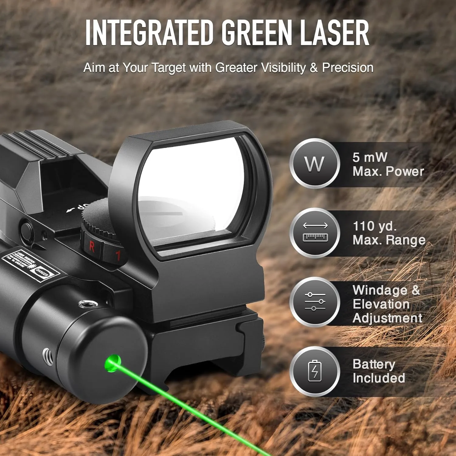 PINTY Reflex Sight with 4 Reticle Optics, Red Dot Sight with Laser, Red & Green Dot Sight Optics with 5 Brightness Levels for 20MM Picatinny Weaver Rails