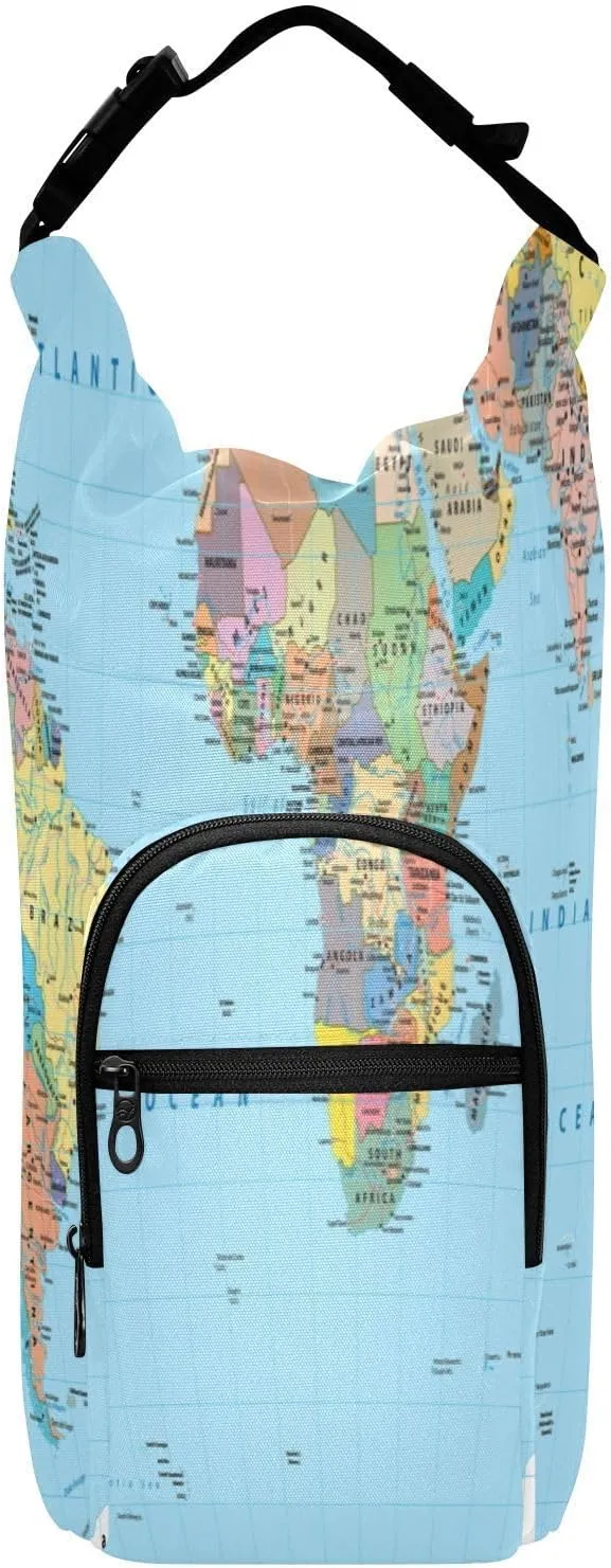 Poeticcity Water Bottle Sling Sleeve Bag, Travel Cup Mug Storage Bottle Holder Carrier Case Cover with Removable Strap with Pockets Colorful World Map with Turquoise Ocean Background