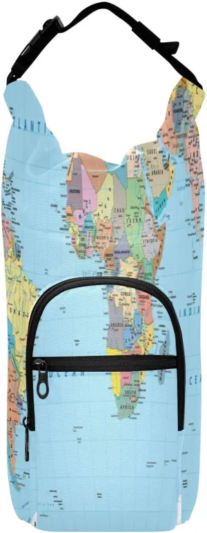 Poeticcity Water Bottle Sling Sleeve Bag, Travel Cup Mug Storage Bottle Holder Carrier Case Cover with Removable Strap with Pockets Colorful World Map with Turquoise Ocean Background