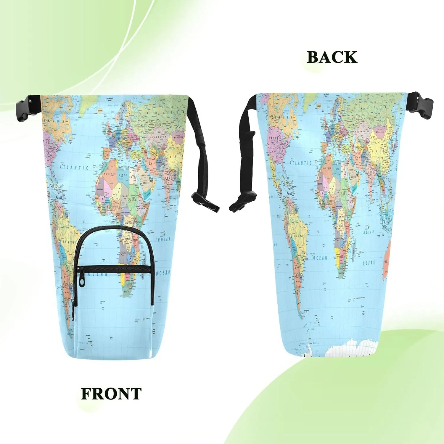 Poeticcity Water Bottle Sling Sleeve Bag, Travel Cup Mug Storage Bottle Holder Carrier Case Cover with Removable Strap with Pockets Colorful World Map with Turquoise Ocean Background