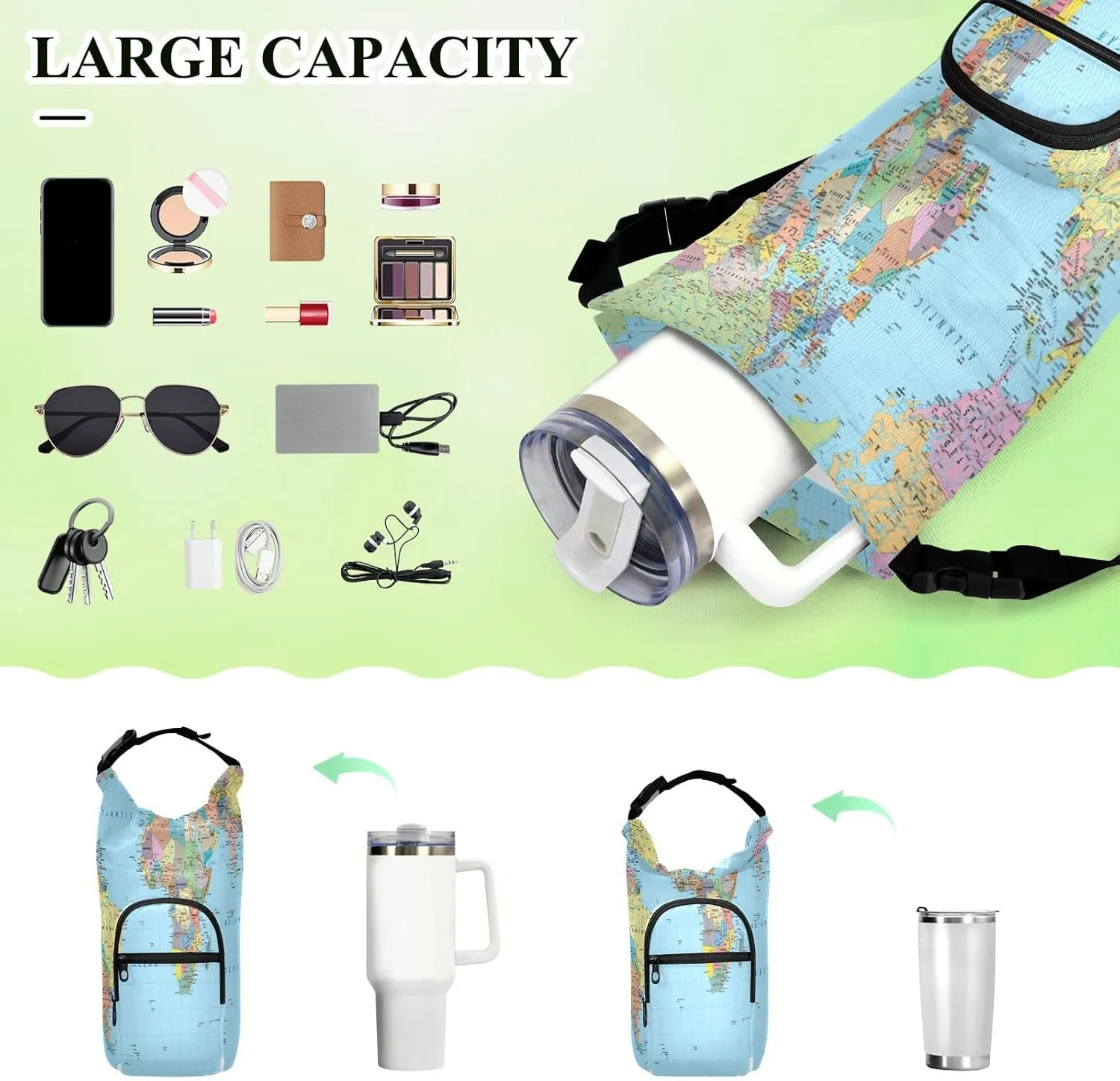 Poeticcity Water Bottle Sling Sleeve Bag, Travel Cup Mug Storage Bottle Holder Carrier Case Cover with Removable Strap with Pockets Colorful World Map with Turquoise Ocean Background