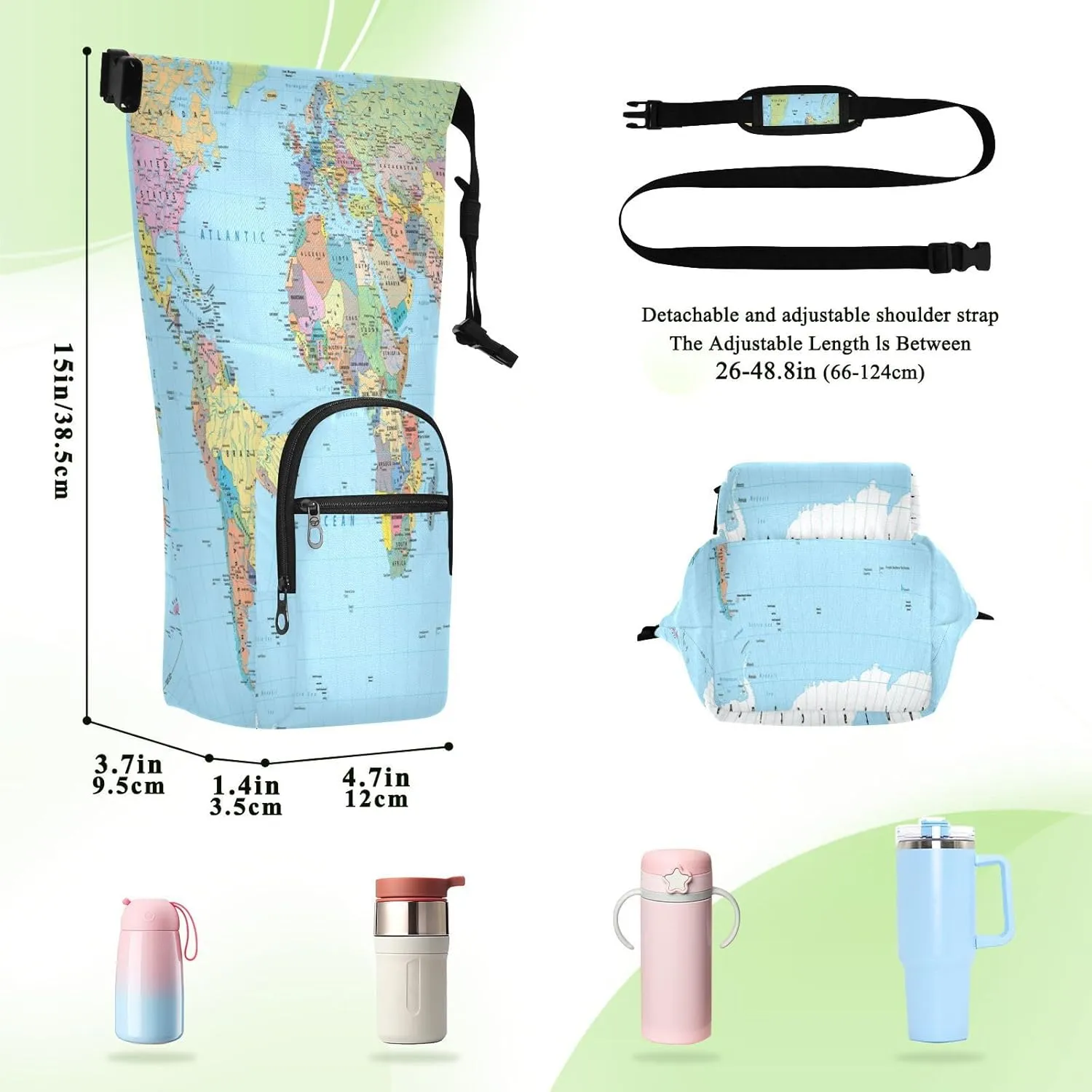Poeticcity Water Bottle Sling Sleeve Bag, Travel Cup Mug Storage Bottle Holder Carrier Case Cover with Removable Strap with Pockets Colorful World Map with Turquoise Ocean Background