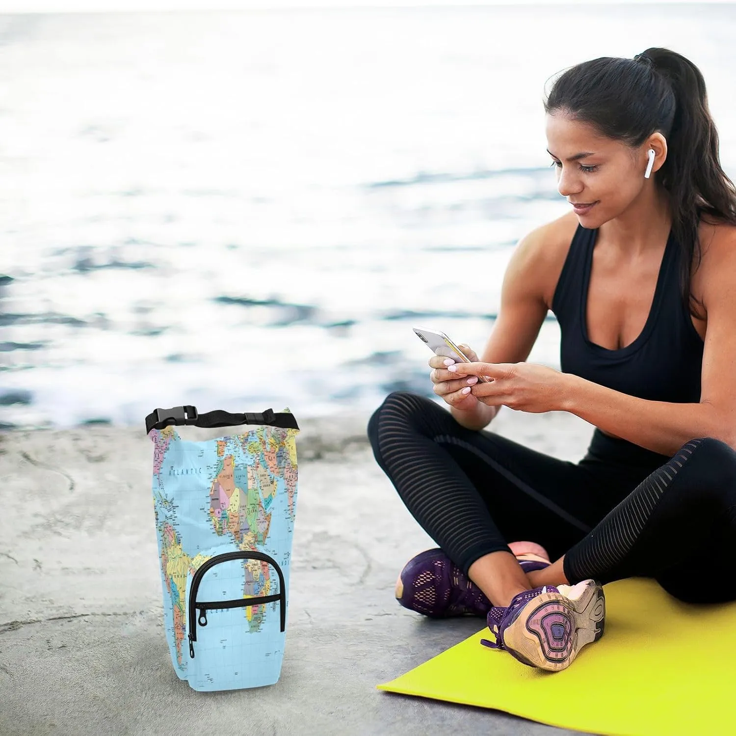 Poeticcity Water Bottle Sling Sleeve Bag, Travel Cup Mug Storage Bottle Holder Carrier Case Cover with Removable Strap with Pockets Colorful World Map with Turquoise Ocean Background