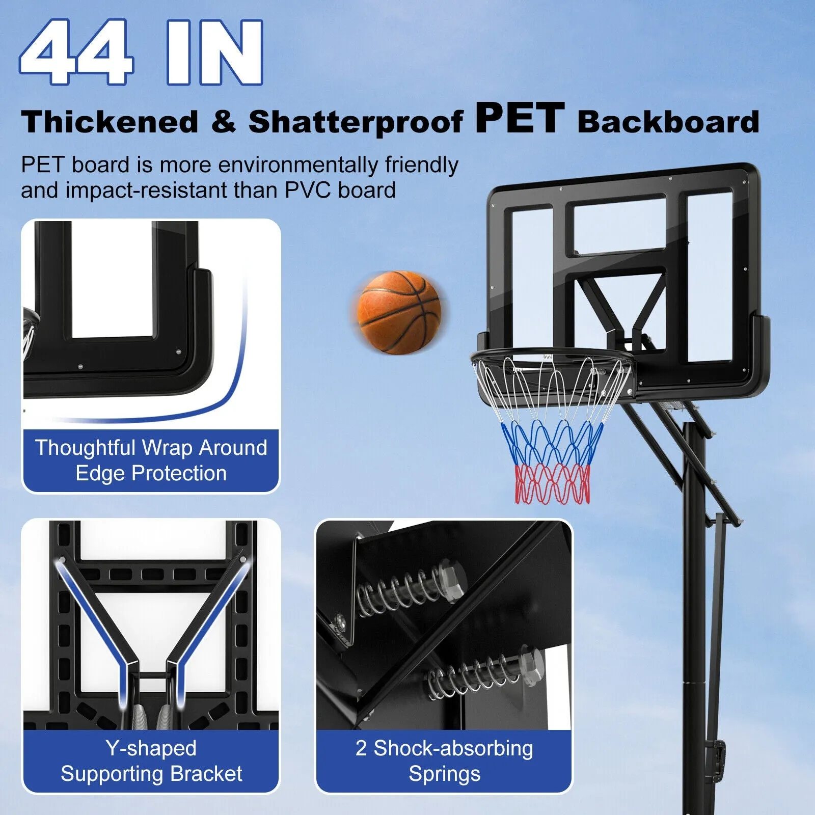Portable Basketball Hoop with 4.6 to 10 Feet 10-Level Height Adjustable