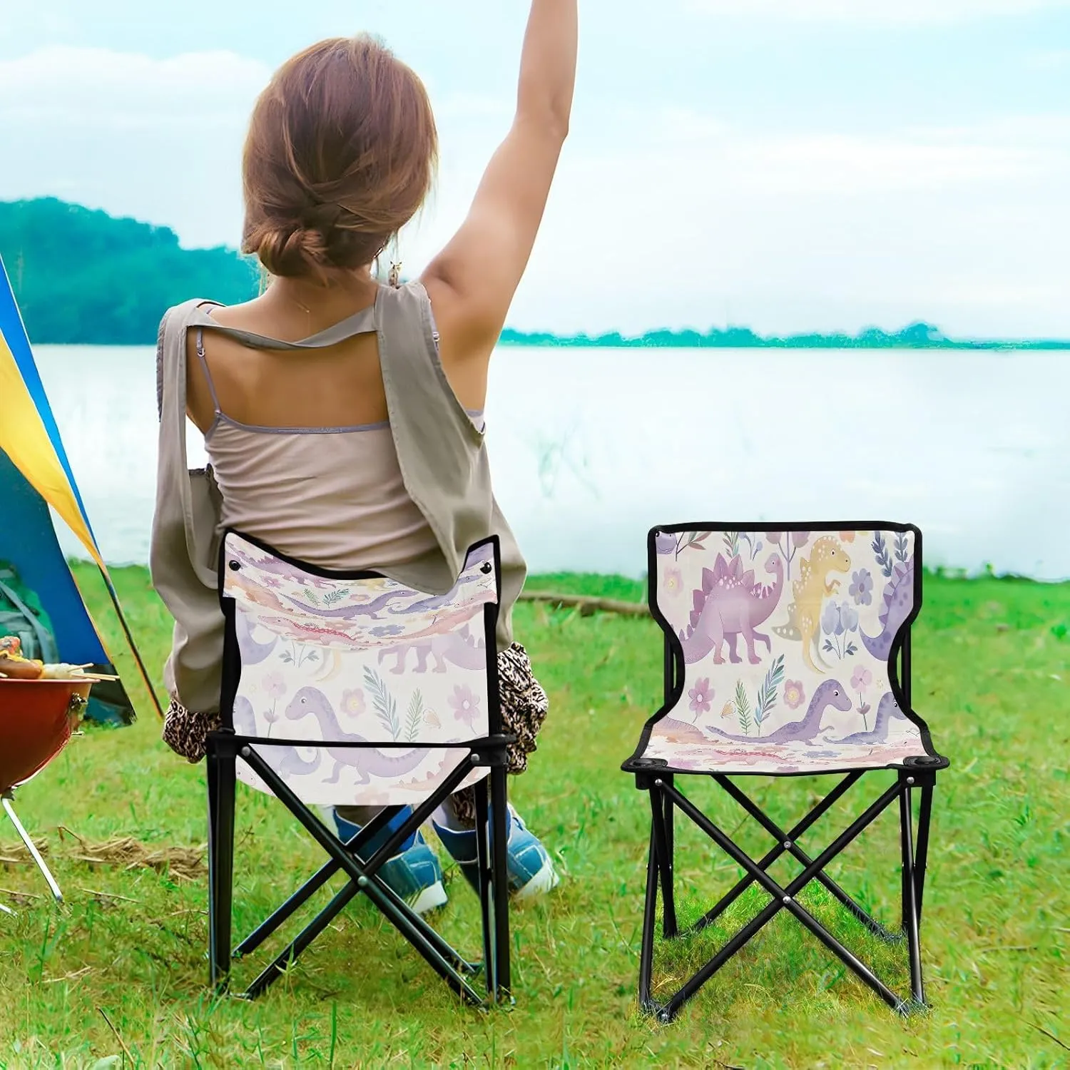 Portable Folding Camping Chair with Carrying Bag Cute Dinosaur Lightweight Folding Chair Perfect for Camping, Tailgates, Beach, and Sports