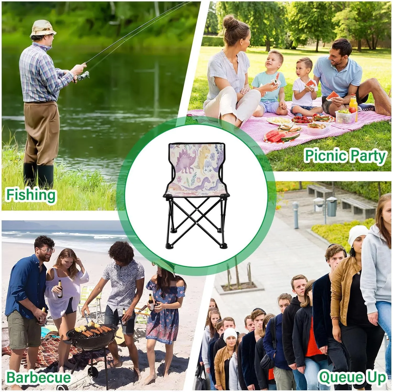 Portable Folding Camping Chair with Carrying Bag Cute Dinosaur Lightweight Folding Chair Perfect for Camping, Tailgates, Beach, and Sports