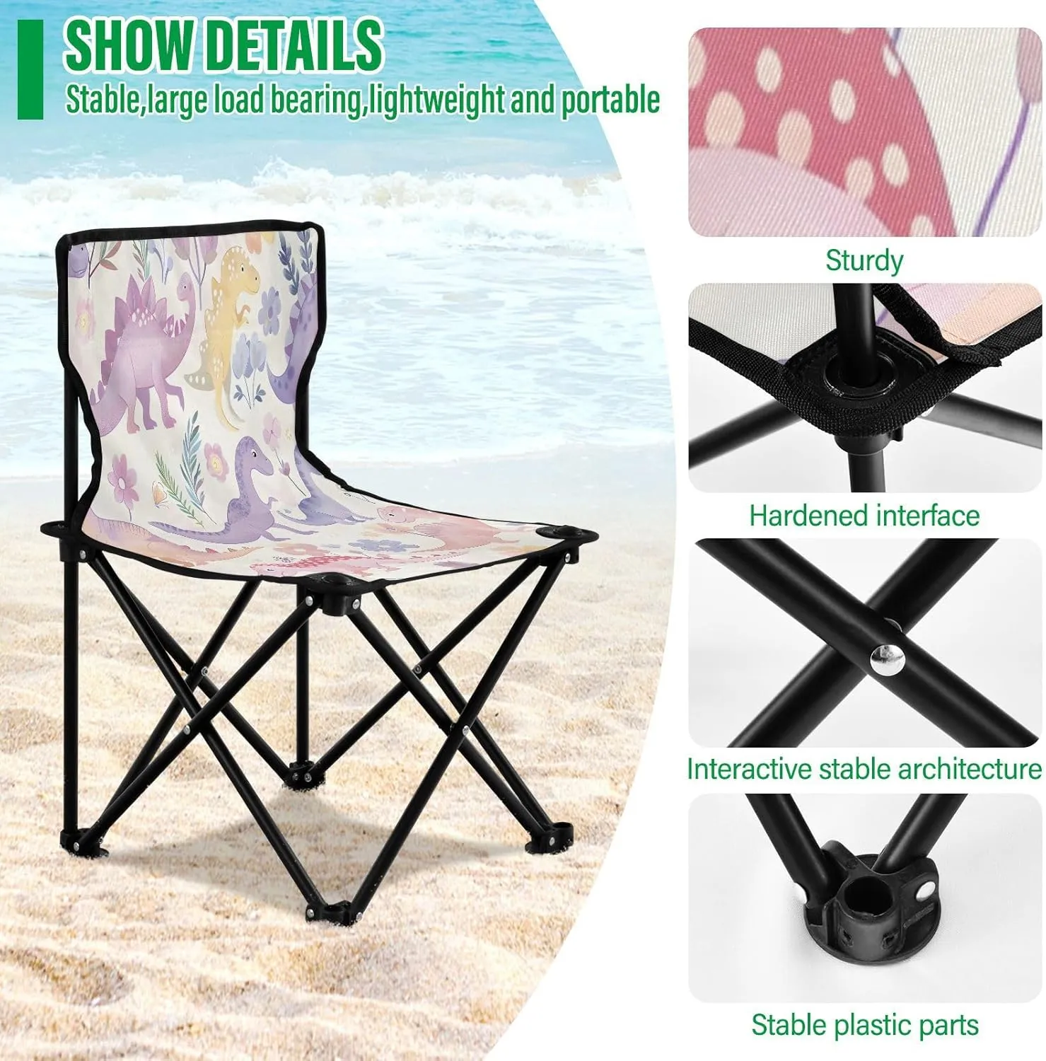 Portable Folding Camping Chair with Carrying Bag Cute Dinosaur Lightweight Folding Chair Perfect for Camping, Tailgates, Beach, and Sports