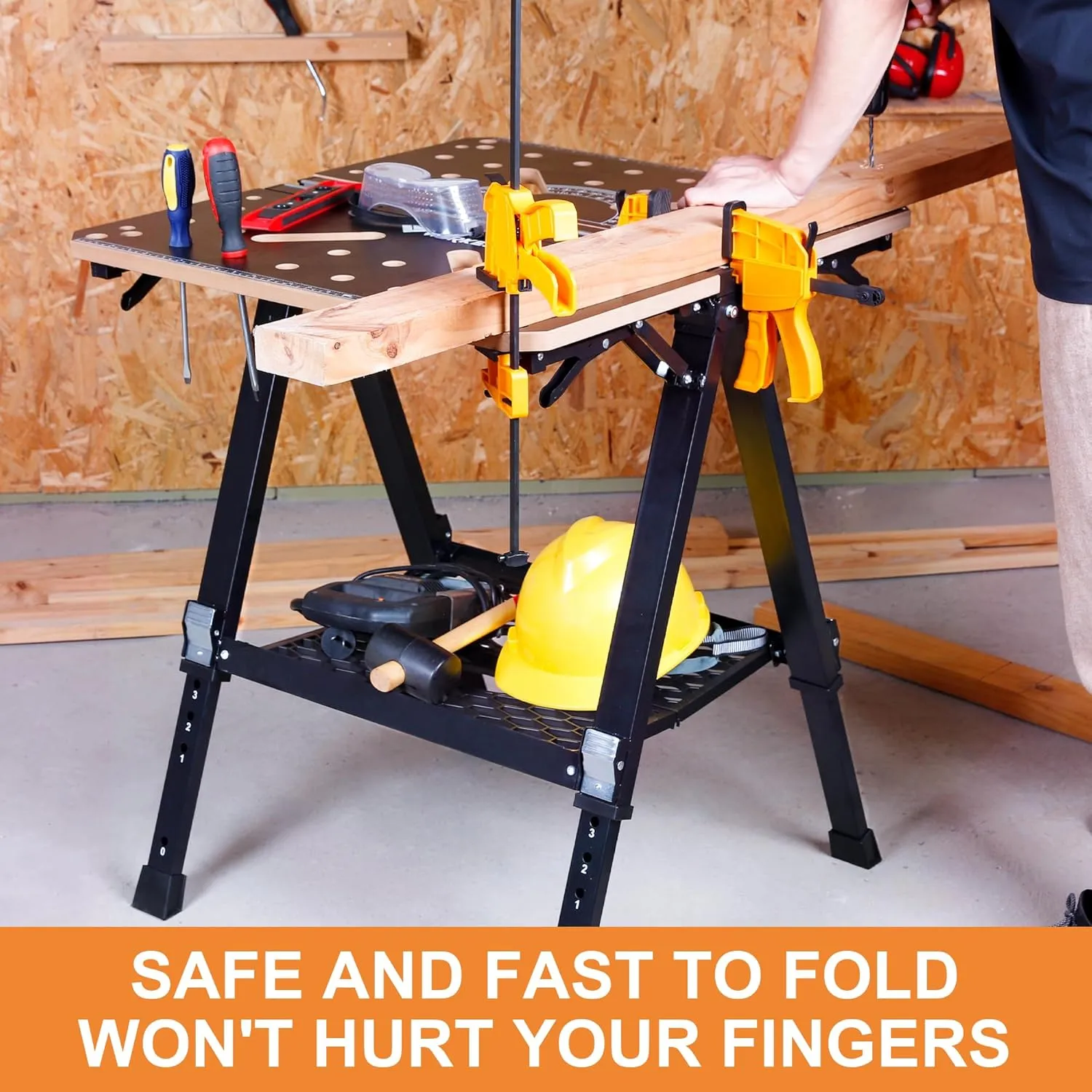 Portable Workbench & Sawhorse, 1000Lbs Capacity Heavy Duty Folding Work Table, 23.6"-36" Adjustable Height with 2 Quick Clamps, 4 Bench Dogs, 2 x 4 Support Arms for Garage