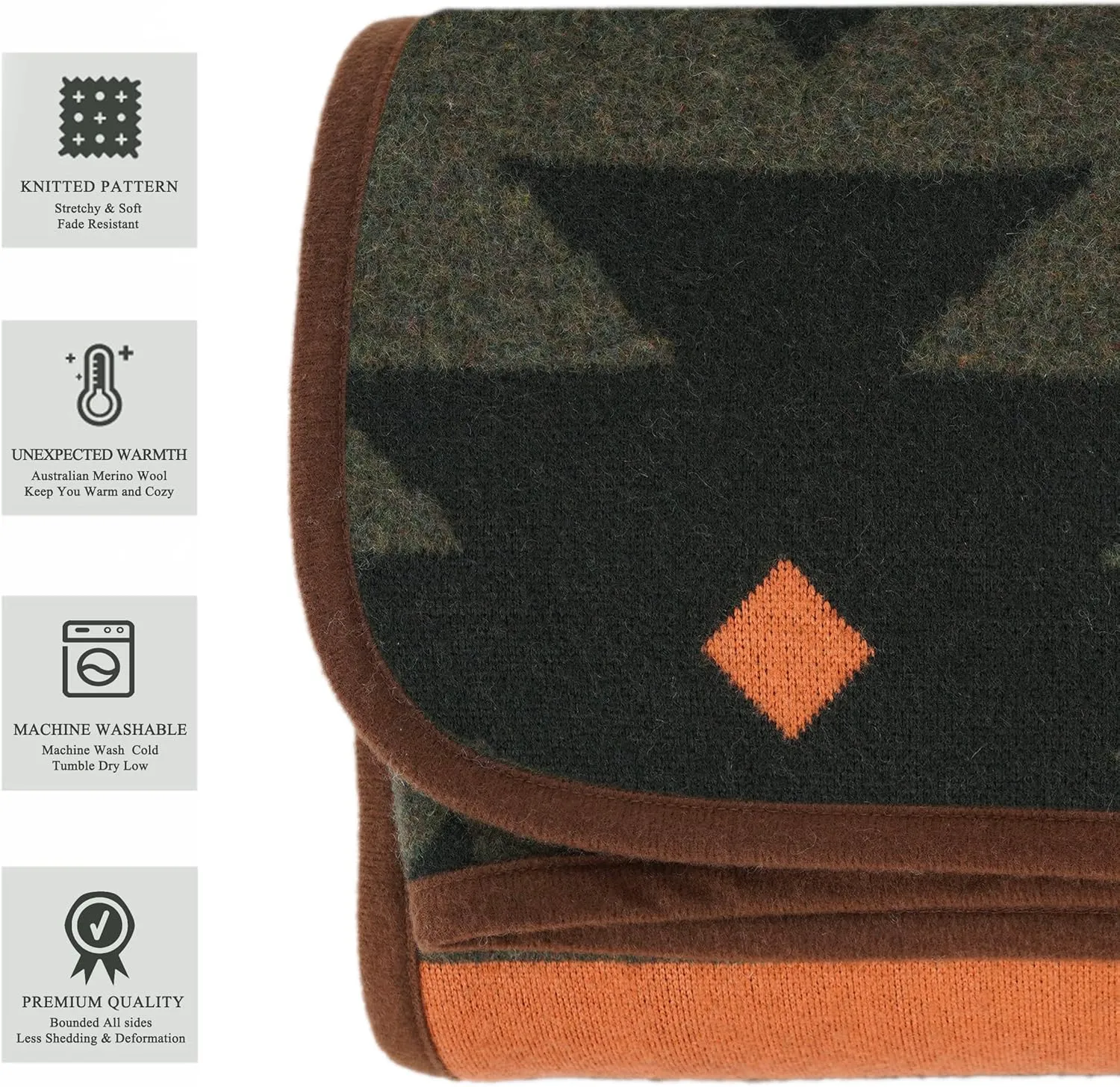 PuTian Merino Wool Blanket - 51" x 63" Thick Warm Soft Washable Twin Throw - Great for Bed, Couch, Camping, Outdoor, Pets, Travel, Green Flame