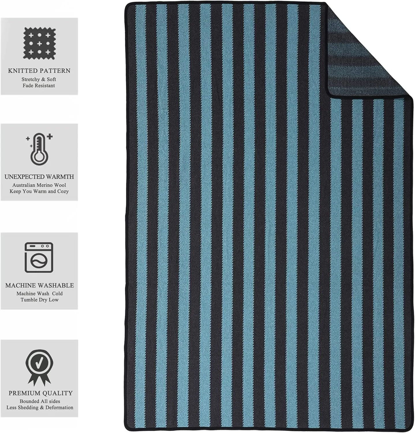 PuTian Merino Wool Blanket - 87" x 63" Thick Warm Soft Large Bed Throw - Great for Camping, Outdoors, Travel, Car, Couch, All Seasons Blue Stripe