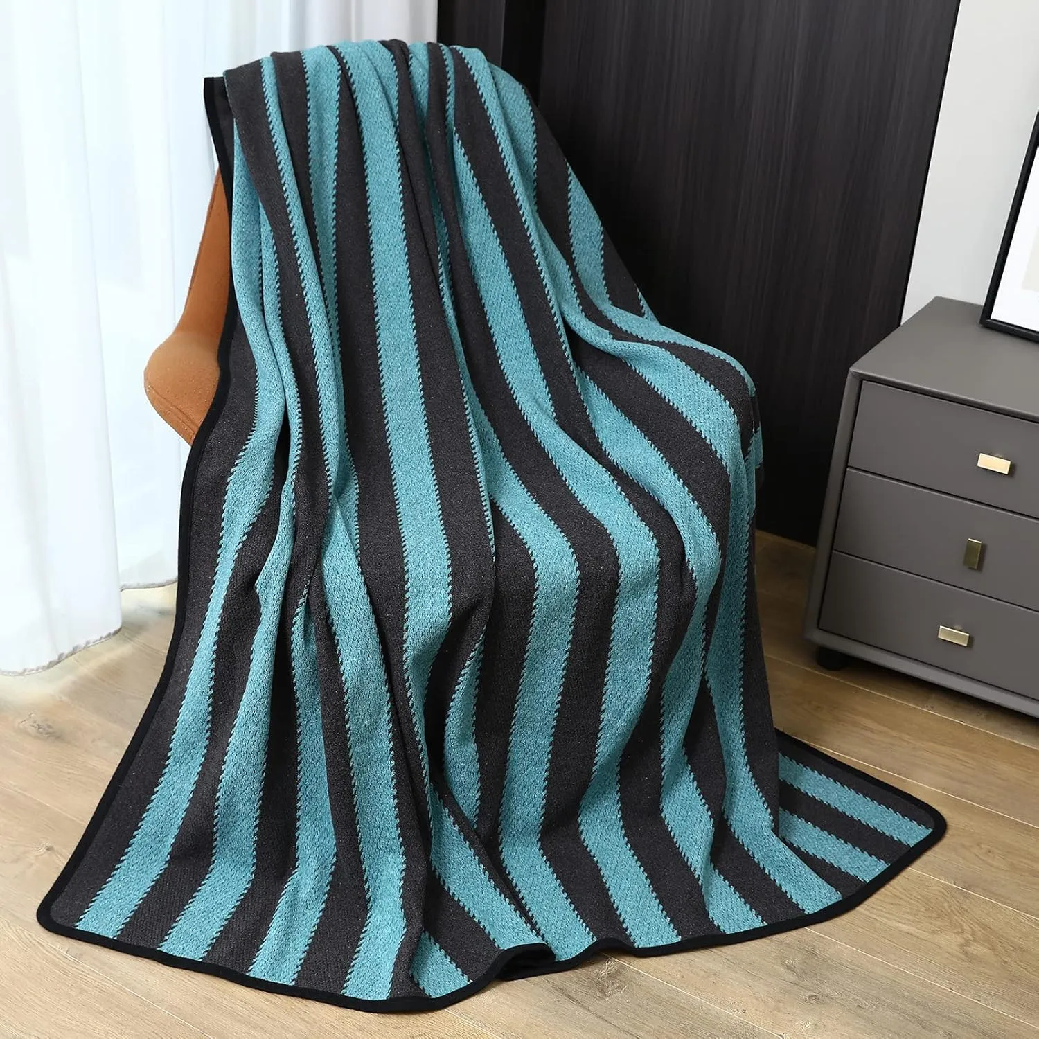 PuTian Merino Wool Blanket - 87" x 63" Thick Warm Soft Large Bed Throw - Great for Camping, Outdoors, Travel, Car, Couch, All Seasons Blue Stripe
