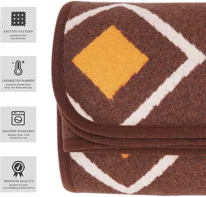 PuTian Merino Wool Blanket - Warm Thick Washable 87" x 63" Large Throw for Outdoors Camping Couch Bed Trave, Brown Check
