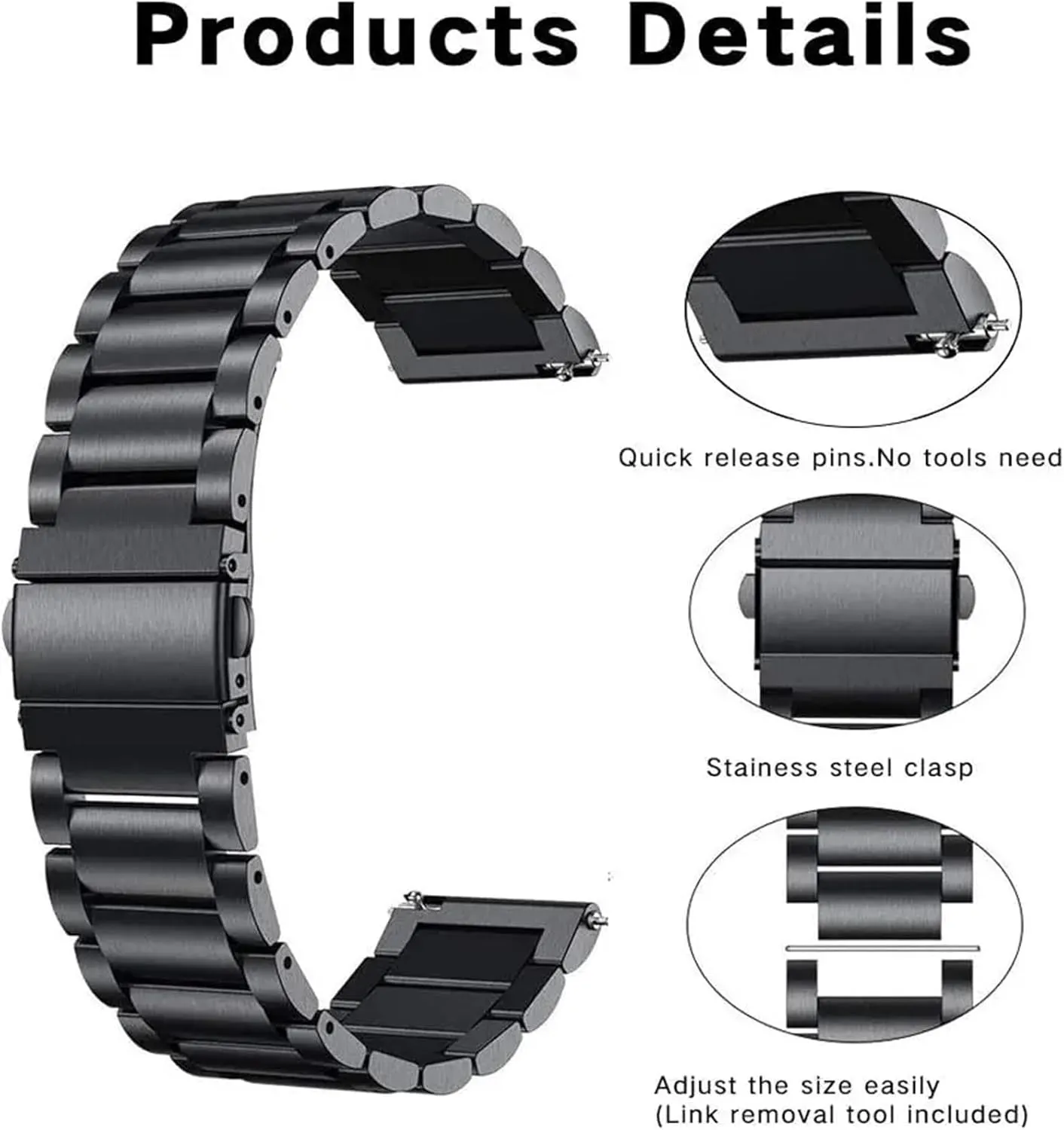 Quick Release Stainless Steel Metal Watch Band 20mm 22mm Unisex Folding Clasp For Smart Watch Quartz Watch