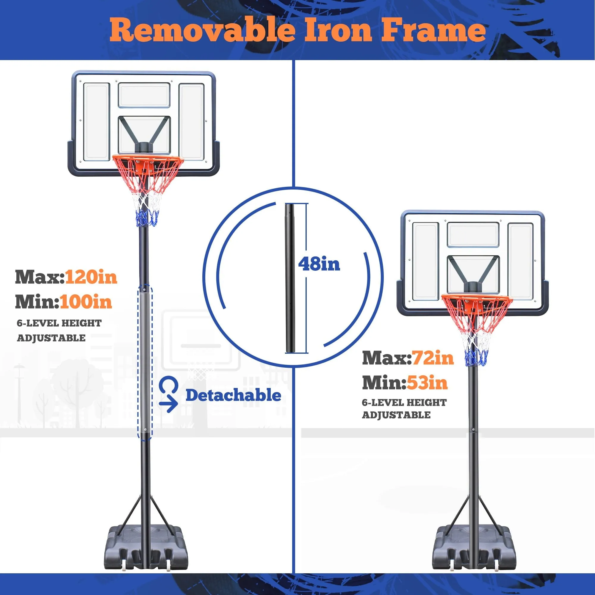 Qunler 44" Portable Basketball Hoop System, 4.4-10 ft Height Adjustable Basketball Goal System with Wheels and Shatterproof Backboard and Large Base for Adults Kids Outdoor Indoor Court
