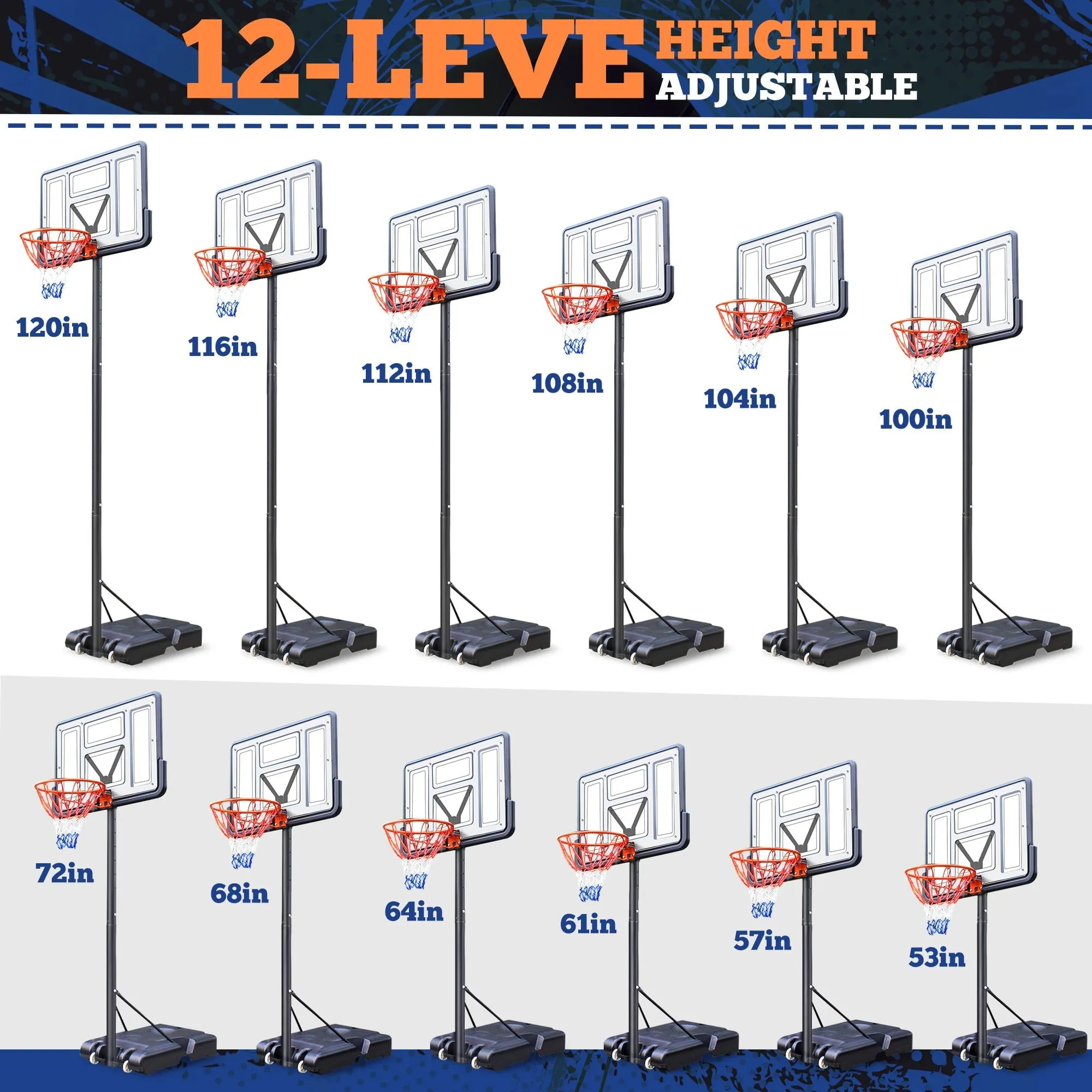 Qunler 44" Portable Basketball Hoop System, 4.4-10 ft Height Adjustable Basketball Goal System with Wheels and Shatterproof Backboard and Large Base for Adults Kids Outdoor Indoor Court