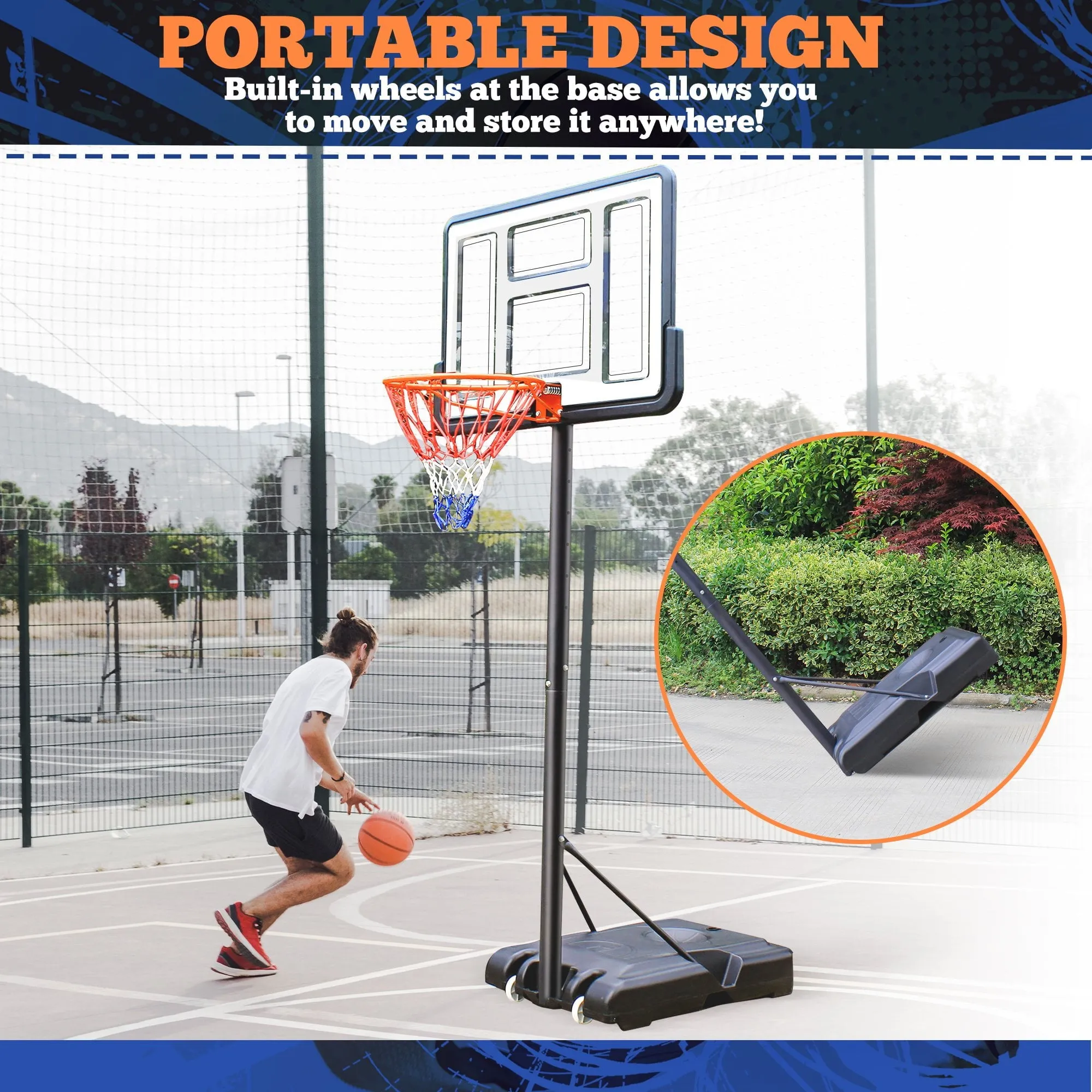 Qunler 44" Portable Basketball Hoop System, 4.4-10 ft Height Adjustable Basketball Goal System with Wheels and Shatterproof Backboard and Large Base for Adults Kids Outdoor Indoor Court