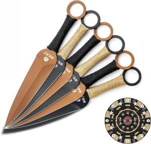 REAT Throwing Products - 6 Piece, 9" 440 Stainless Steel with 3 Tan 3 Black Kunai and a Paper Target, Includes Nylon Carrying Case for Safe Storage for Competition, Training and Recreation