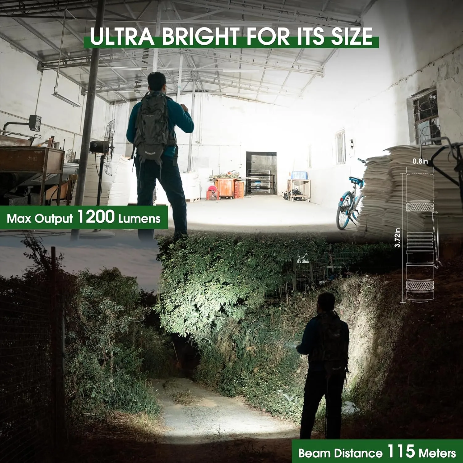 Rechargeable Flashlights 1200 Lumens EDC Flashlight, AA Pocket Flashlight High Lumens with Clip, Super Bright Small Flashlight, 4 Modes Flash Light for Camping, Home, and Emergencies (Green)