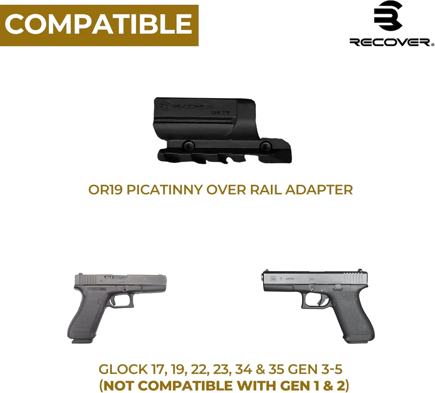 Recover Tactical Picatinny Rail for Glock, Glock MOS, S&W Shield 9mm, SW40, Sig P365 (Must Select Your Model Below), Easy Install, No Mods Required