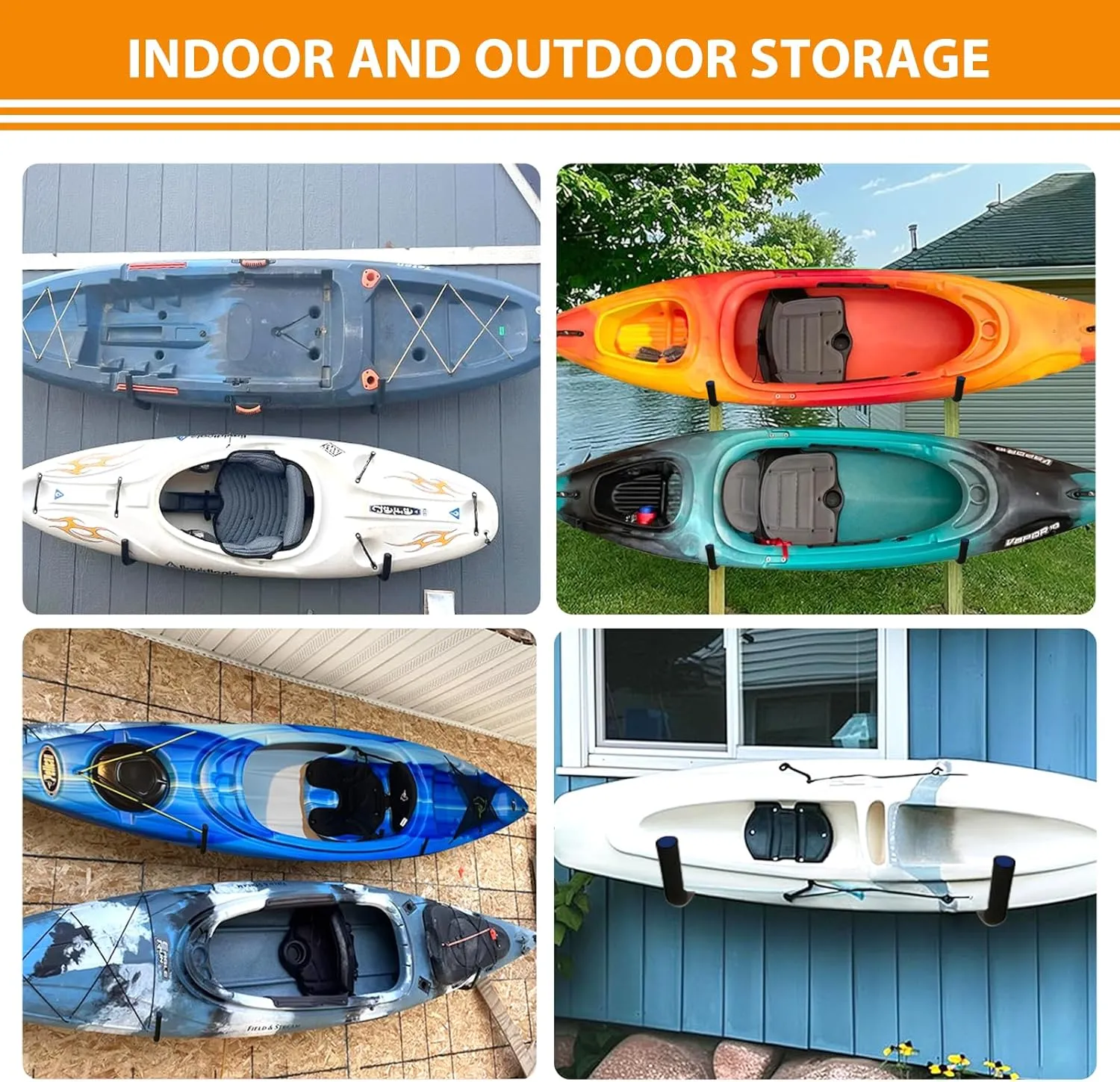 Reinforced Kayak Storage Rack, Heavy-Duty & Versatile for Garage, Dock, Indoor, Outdoor, Fits Kayaks, Canoes, Paddle Boards & Paddles