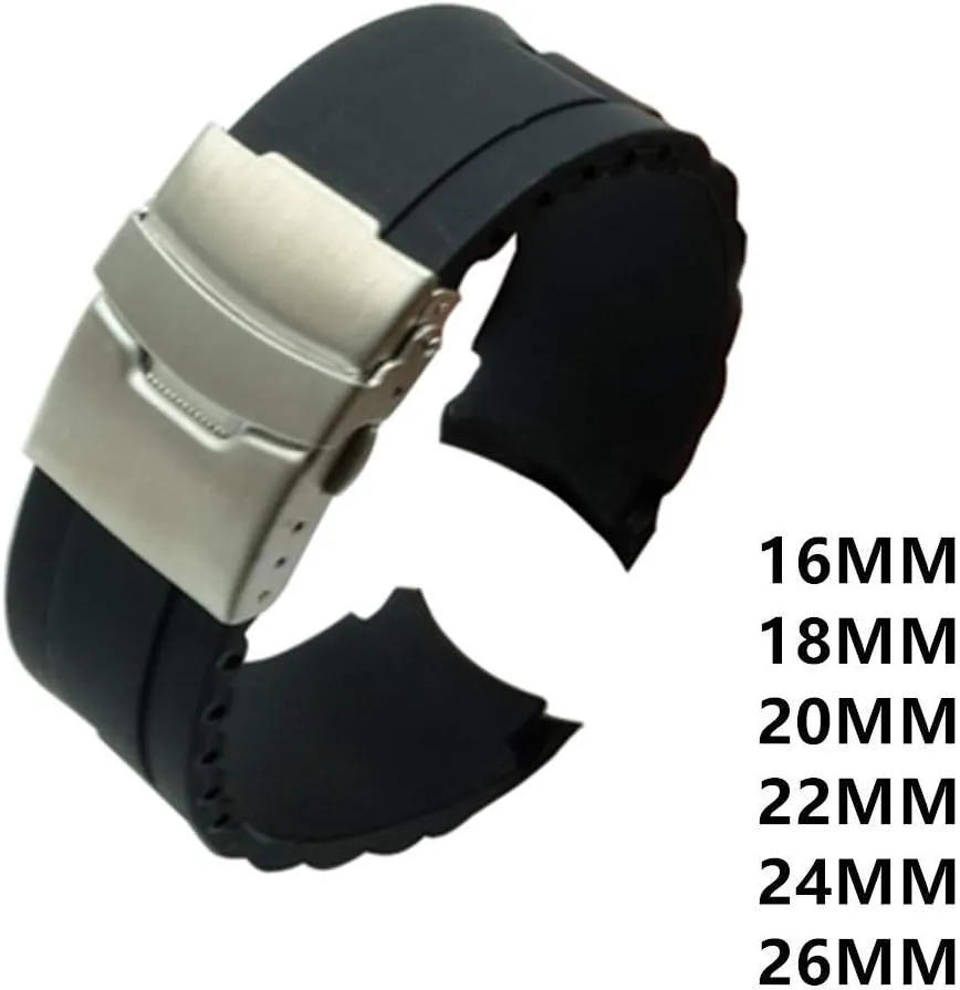 Replacement Watch Straps 16mm 18mm 20mm 22mm 24mm 26mm Silicone Rubber Diver Silicone Arc Watch Strap With Folding Stainless Steel Clasp Buckle And Tool (Band Width : 26mm)