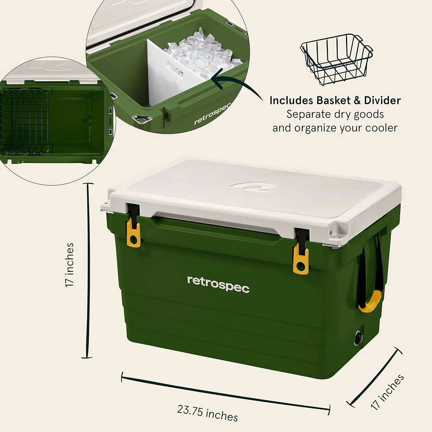 Retrospec Palisade Rotomolded Cooler - Fully Insulated Portable Ice Chest with Built in Bottle Opener, Tie-Down Slots & Dry Goods Basket - Large Beach, Camping & Travel Coolers 25, 45 & 65qt