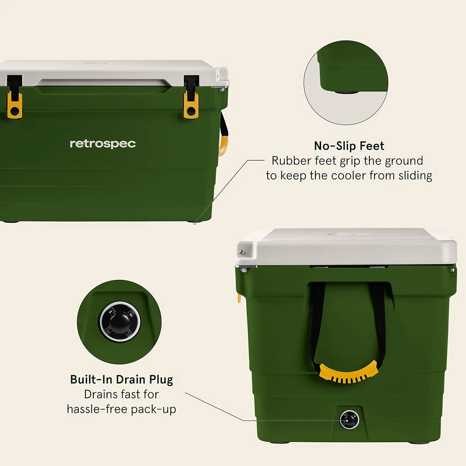 Retrospec Palisade Rotomolded Cooler - Fully Insulated Portable Ice Chest with Built in Bottle Opener, Tie-Down Slots & Dry Goods Basket - Large Beach, Camping & Travel Coolers 25, 45 & 65qt