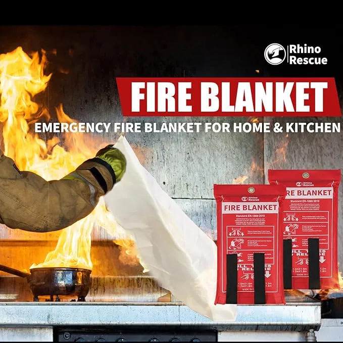 RHINO RESCUE Fire Blanket, 40''×40'' Fiberglass Emergency Fireproof Gear, Flame Retardant Protection for Home, Kitchen, Camping, Hiking, 8 Count