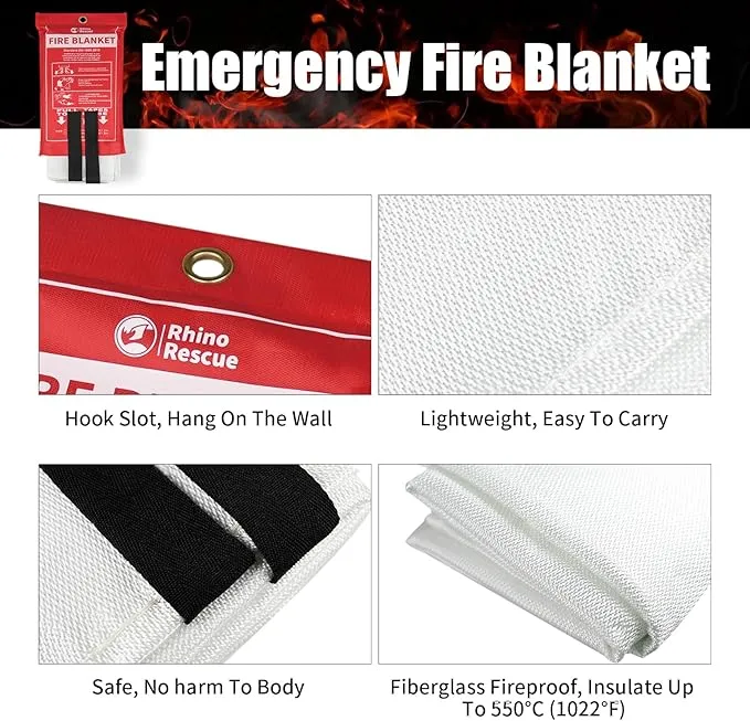 RHINO RESCUE Fire Blanket, 40''×40'' Fiberglass Emergency Fireproof Gear, Flame Retardant Protection for Home, Kitchen, Camping, Hiking, 8 Count