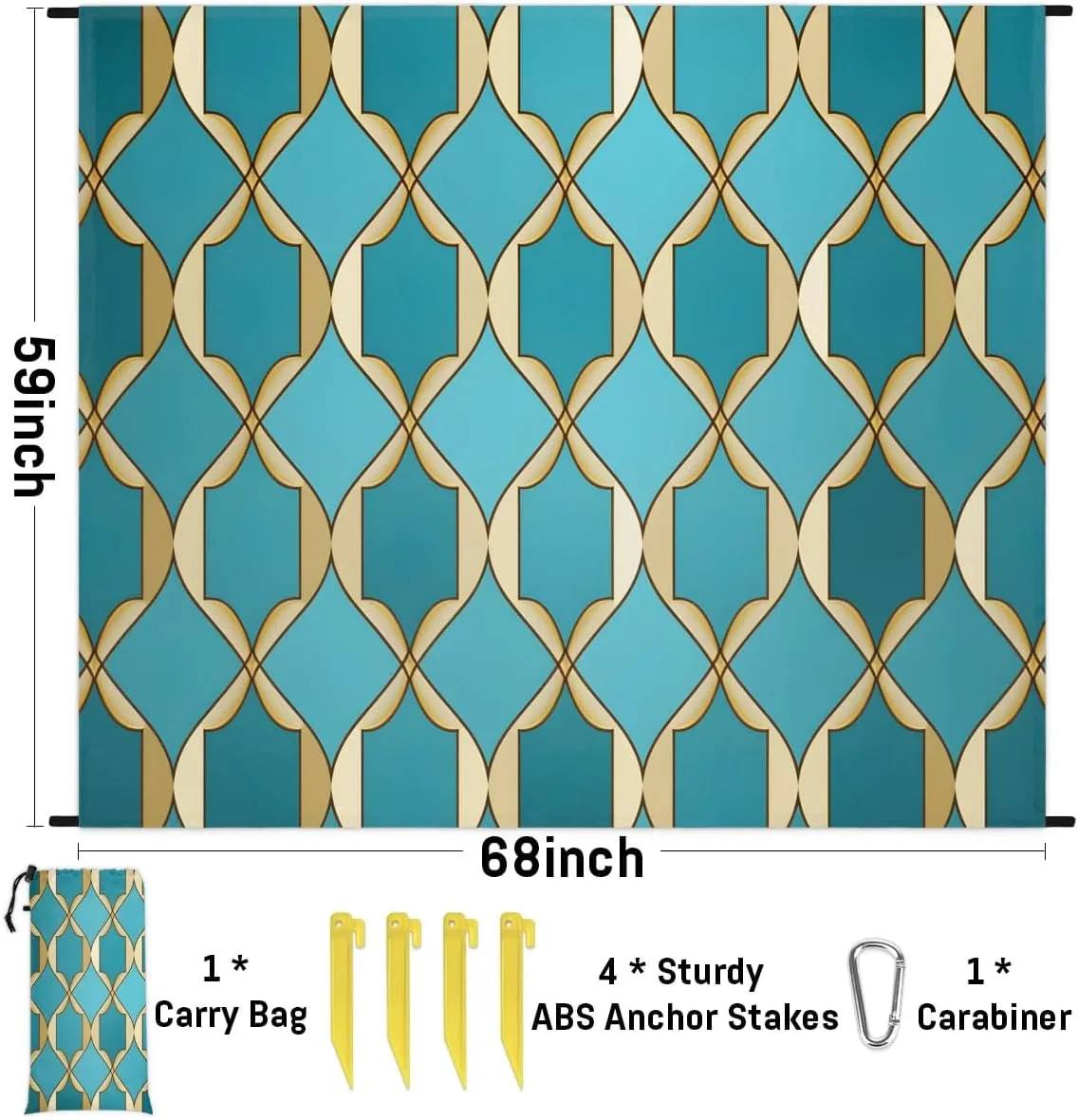 Rhombus Pattern Beach Blanket, Sandproof Beach Mat, 68 x 59 Waterproof Quick Drying Sand Free Mat with 4 x Ground Spikes for Outdoor Travel Camping Hiking, Geometry