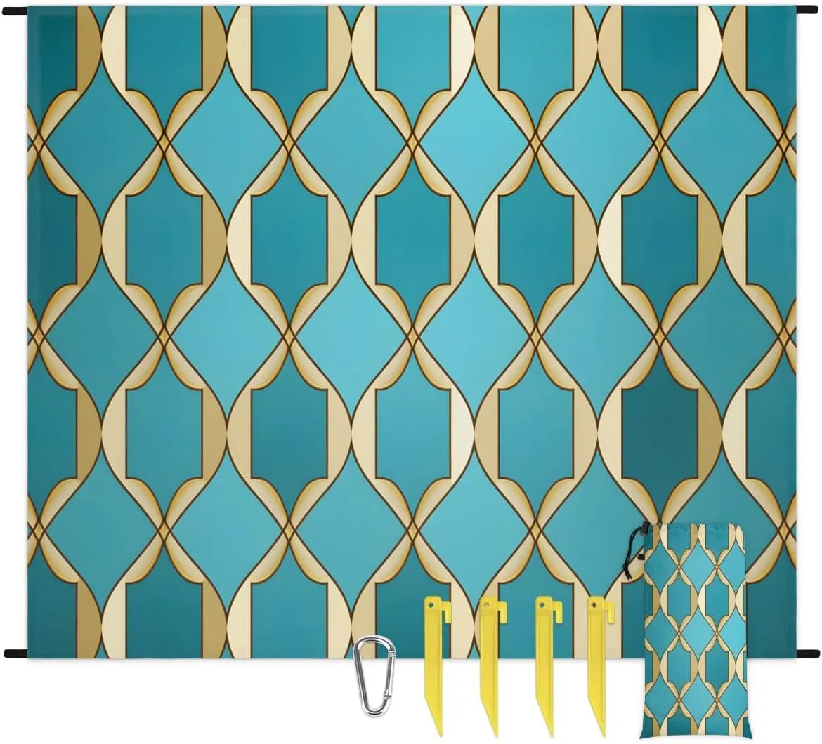 Rhombus Pattern Beach Blanket, Sandproof Beach Mat, 68 x 59 Waterproof Quick Drying Sand Free Mat with 4 x Ground Spikes for Outdoor Travel Camping Hiking, Geometry