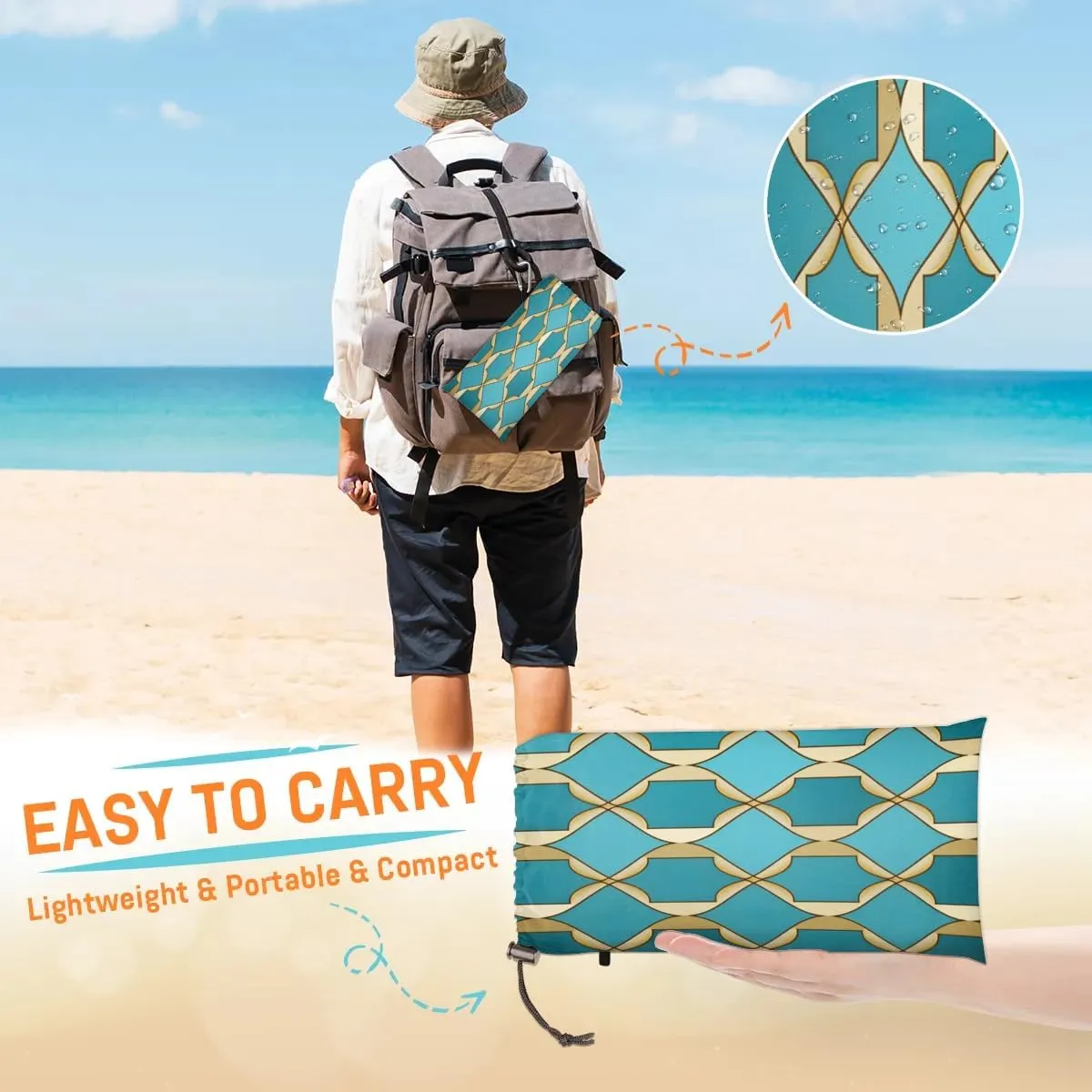 Rhombus Pattern Beach Blanket, Sandproof Beach Mat, 68 x 59 Waterproof Quick Drying Sand Free Mat with 4 x Ground Spikes for Outdoor Travel Camping Hiking, Geometry