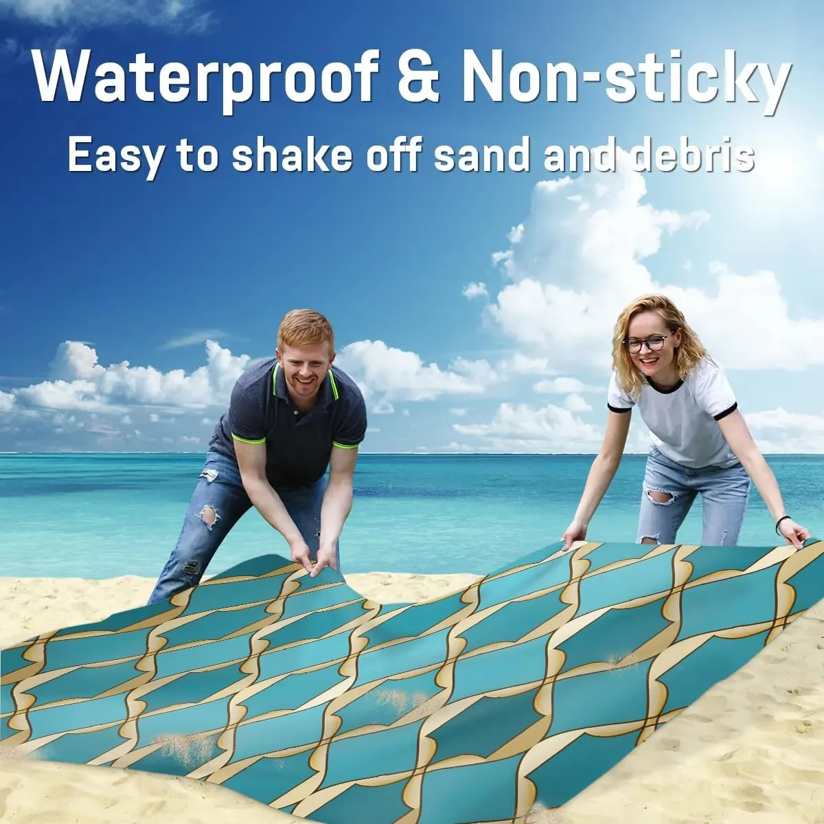 Rhombus Pattern Beach Blanket, Sandproof Beach Mat, 68 x 59 Waterproof Quick Drying Sand Free Mat with 4 x Ground Spikes for Outdoor Travel Camping Hiking, Geometry