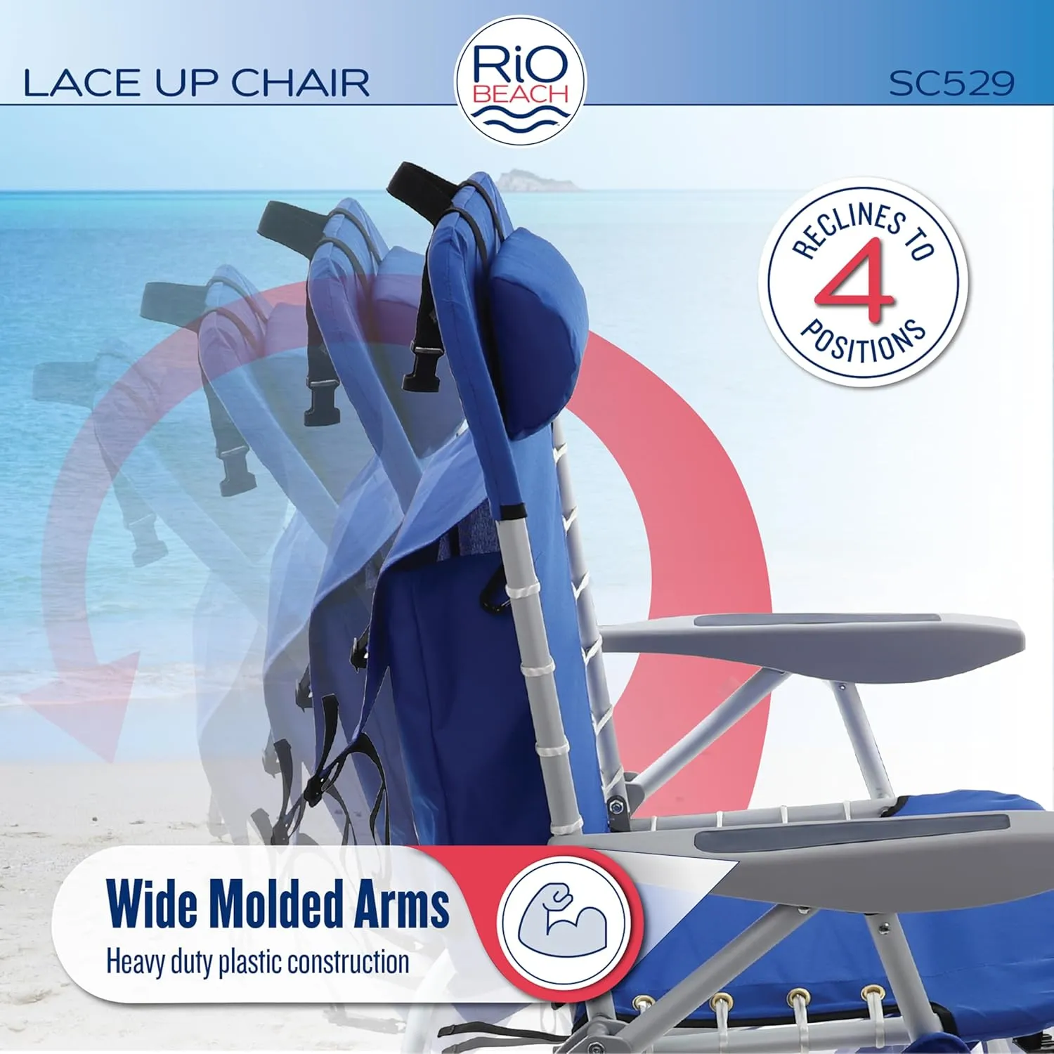 Rio Brands 4-Position Backpack Lace-Up Suspension Folding Beach Chair, Multi Color