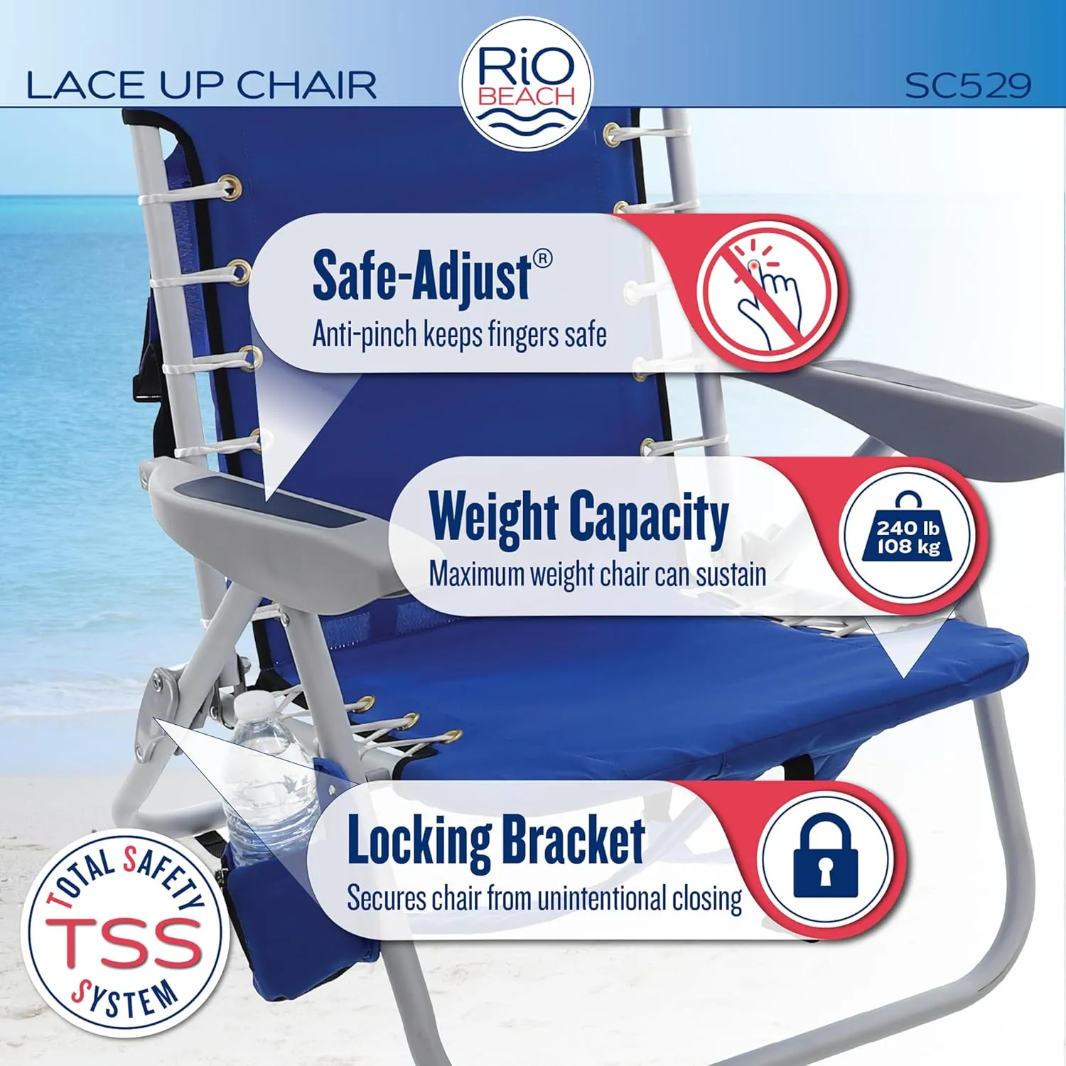 Rio Brands 4-Position Backpack Lace-Up Suspension Folding Beach Chair, Multi Color
