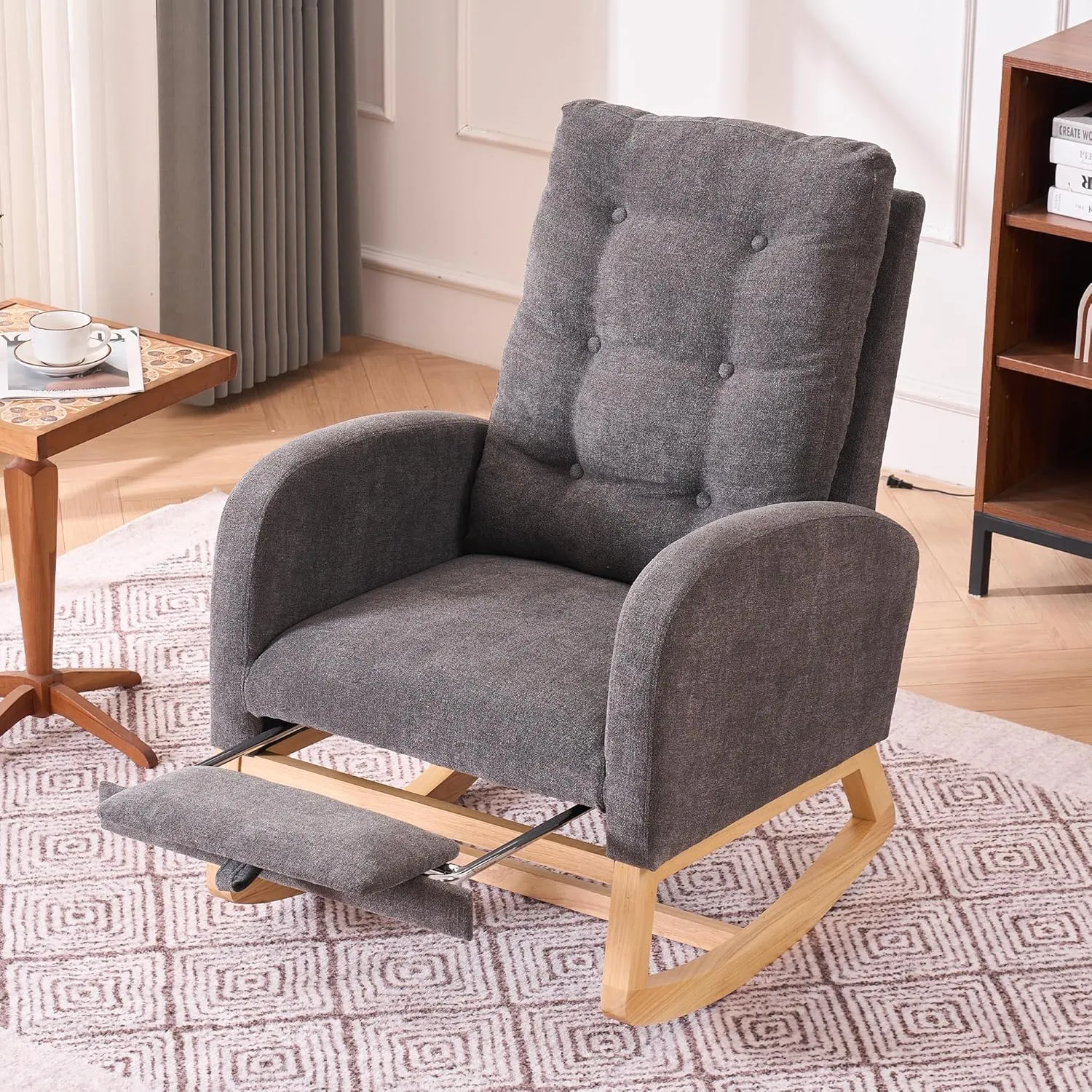 Rocking Chair with Foot Rest, Nursery Glider Teddy Gliding Rocking Chair with Retractable Footrest Rubber Wood Legs Side Pocket High Back & Wide Seat Nursing Chair for Living Room (Gray)