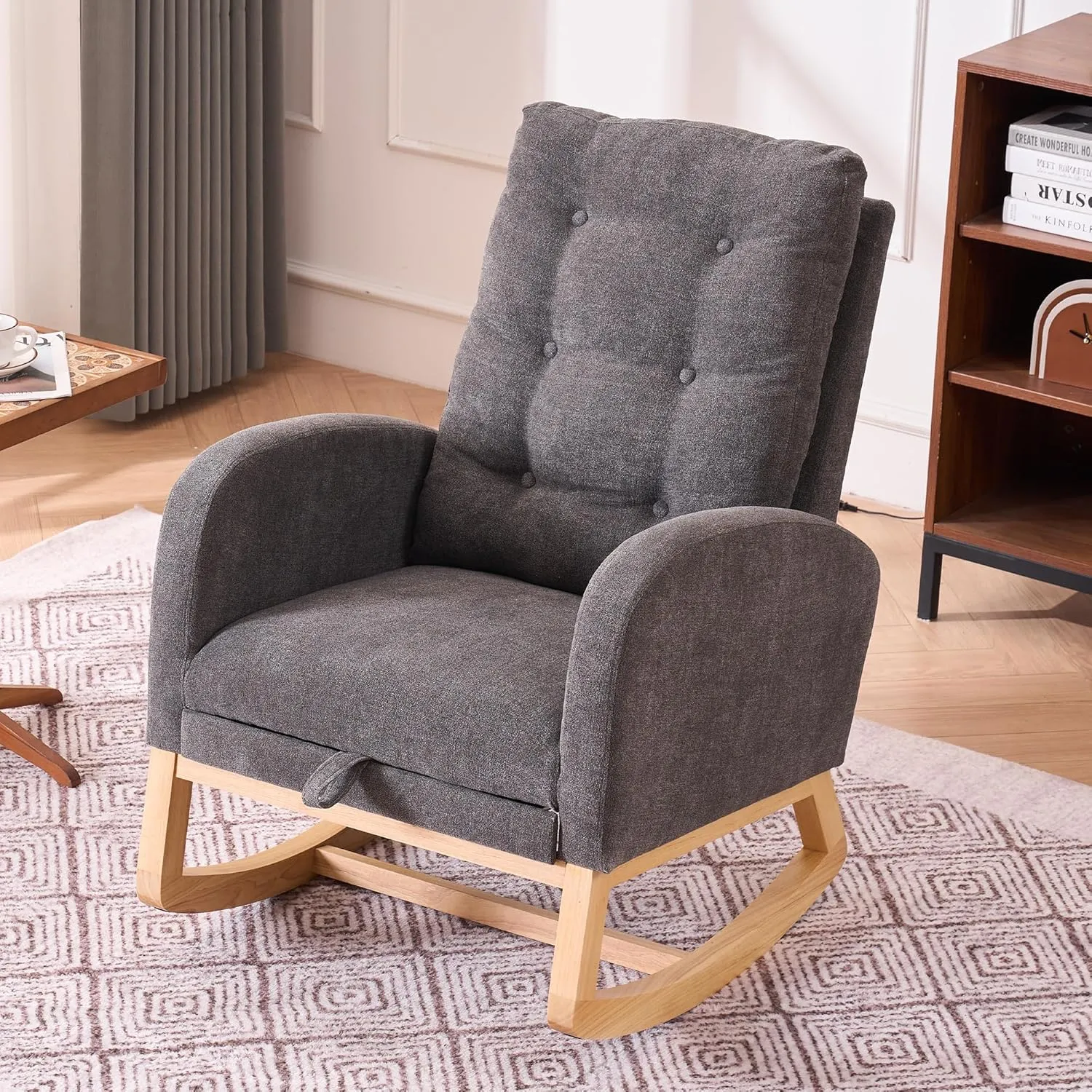Rocking Chair with Foot Rest, Nursery Glider Teddy Gliding Rocking Chair with Retractable Footrest Rubber Wood Legs Side Pocket High Back & Wide Seat Nursing Chair for Living Room (Gray)