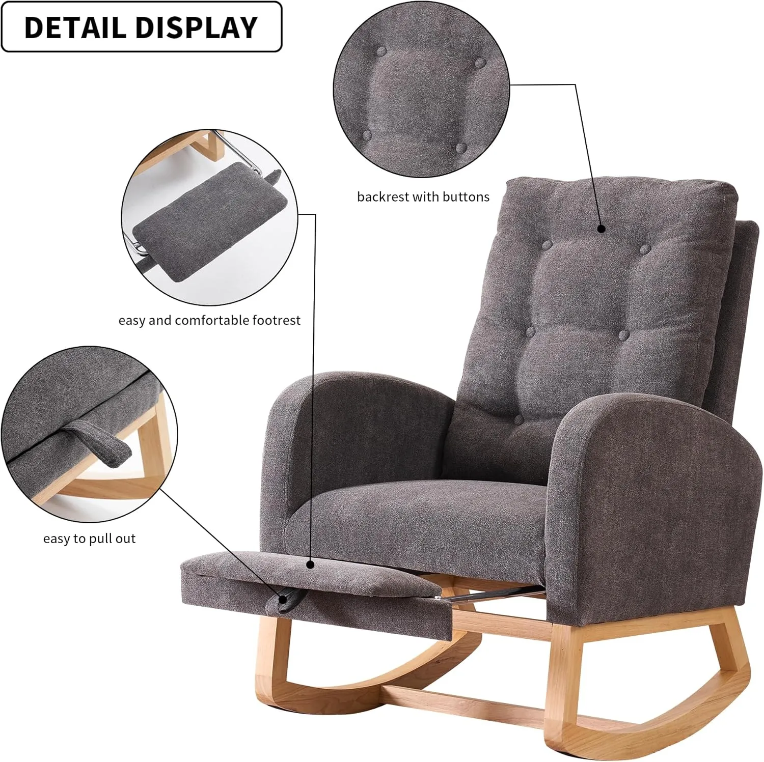 Rocking Chair with Foot Rest, Nursery Glider Teddy Gliding Rocking Chair with Retractable Footrest Rubber Wood Legs Side Pocket High Back & Wide Seat Nursing Chair for Living Room (Gray)