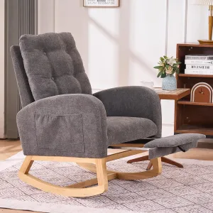 Rocking Chair with Foot Rest, Nursery Glider Teddy Gliding Rocking Chair with Retractable Footrest Rubber Wood Legs Side Pocket High Back & Wide Seat Nursing Chair for Living Room (Gray)