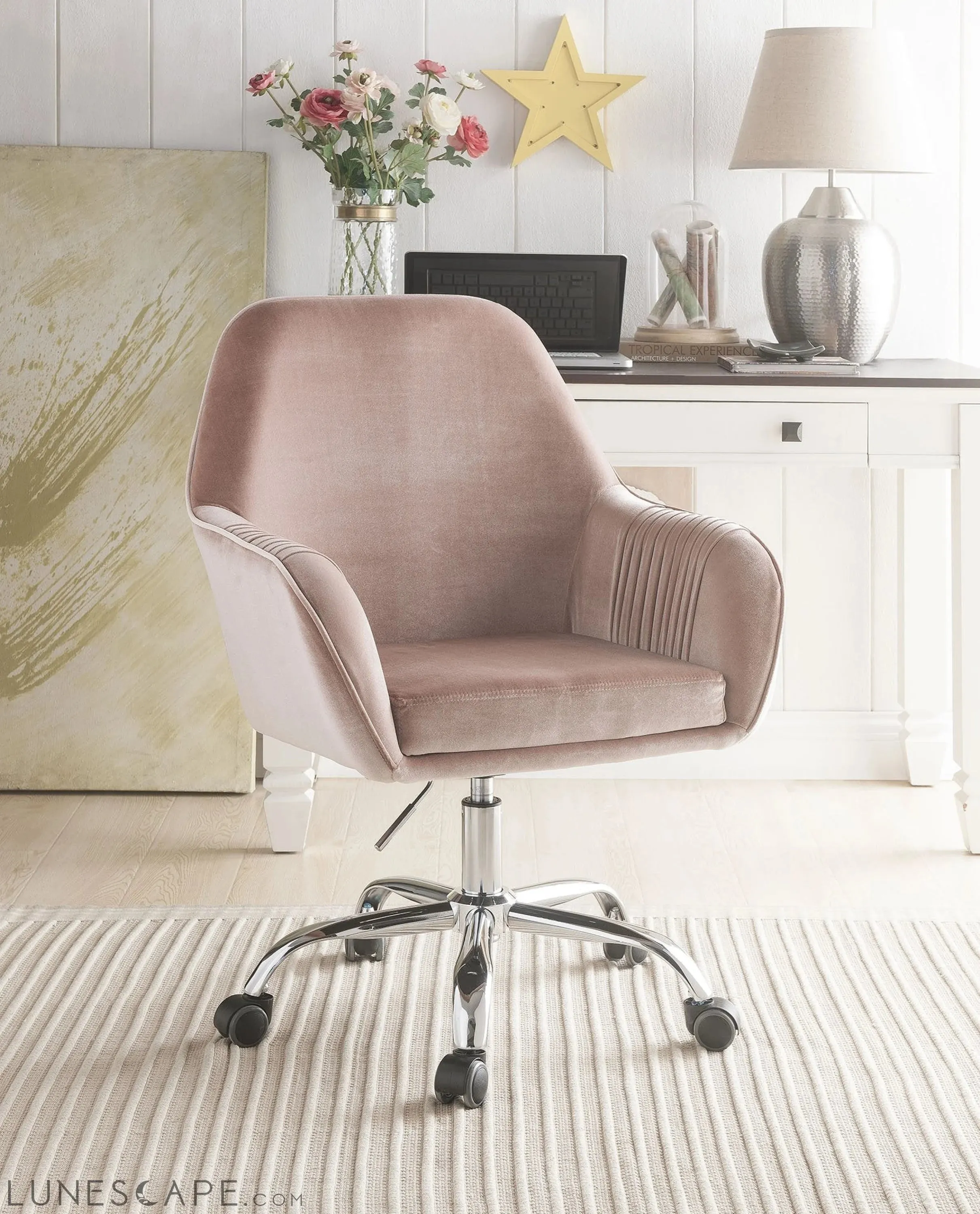 Rose Velvet Office Desk Chair on Wheels Stylish Mauve