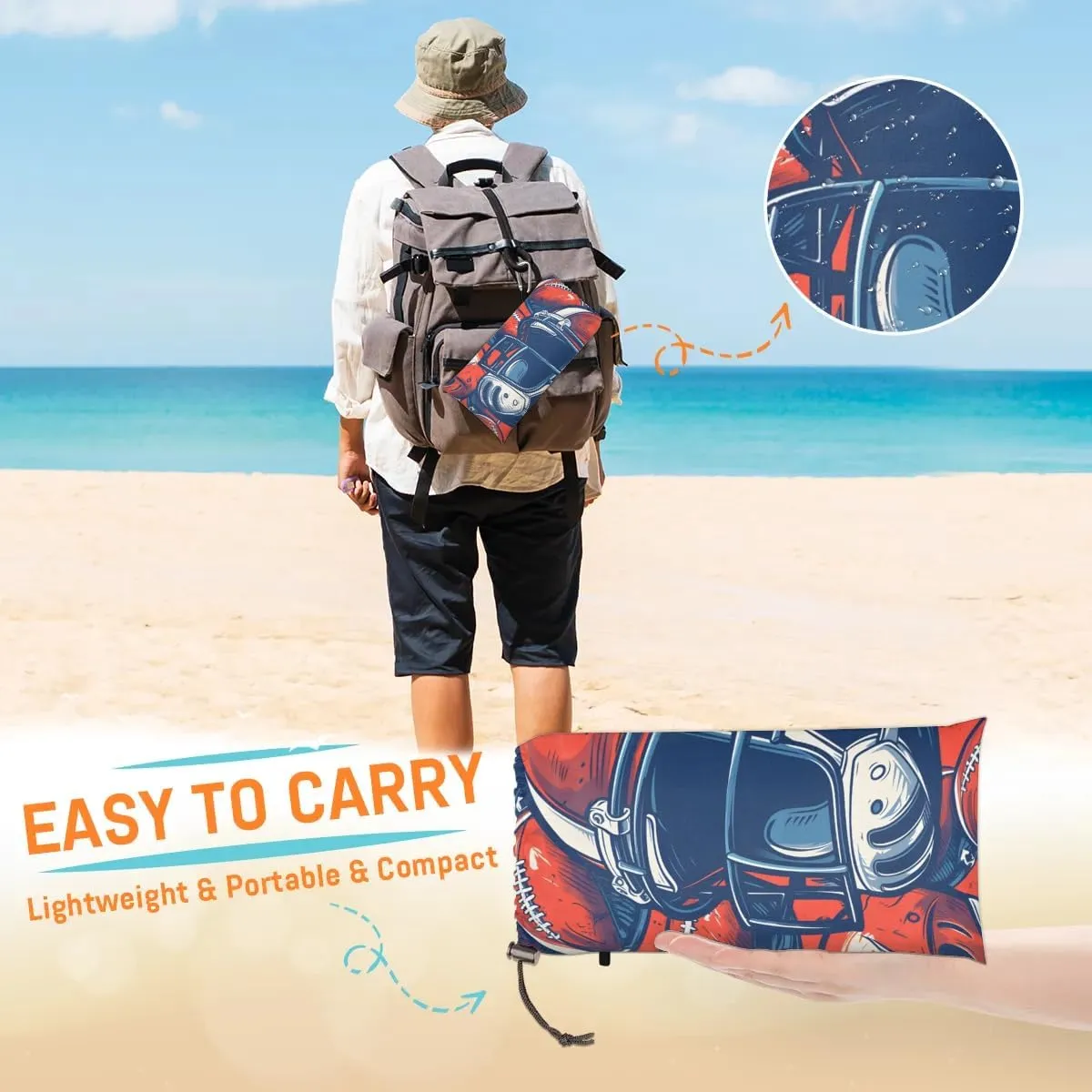 Rugby Hat Beach Blanket, Sandproof Beach Mat, 68 x 59 Waterproof Quick Drying Sand Free Mat with 4 x Ground Spikes for Outdoor Travel Camping Hiking, Rugby Sports