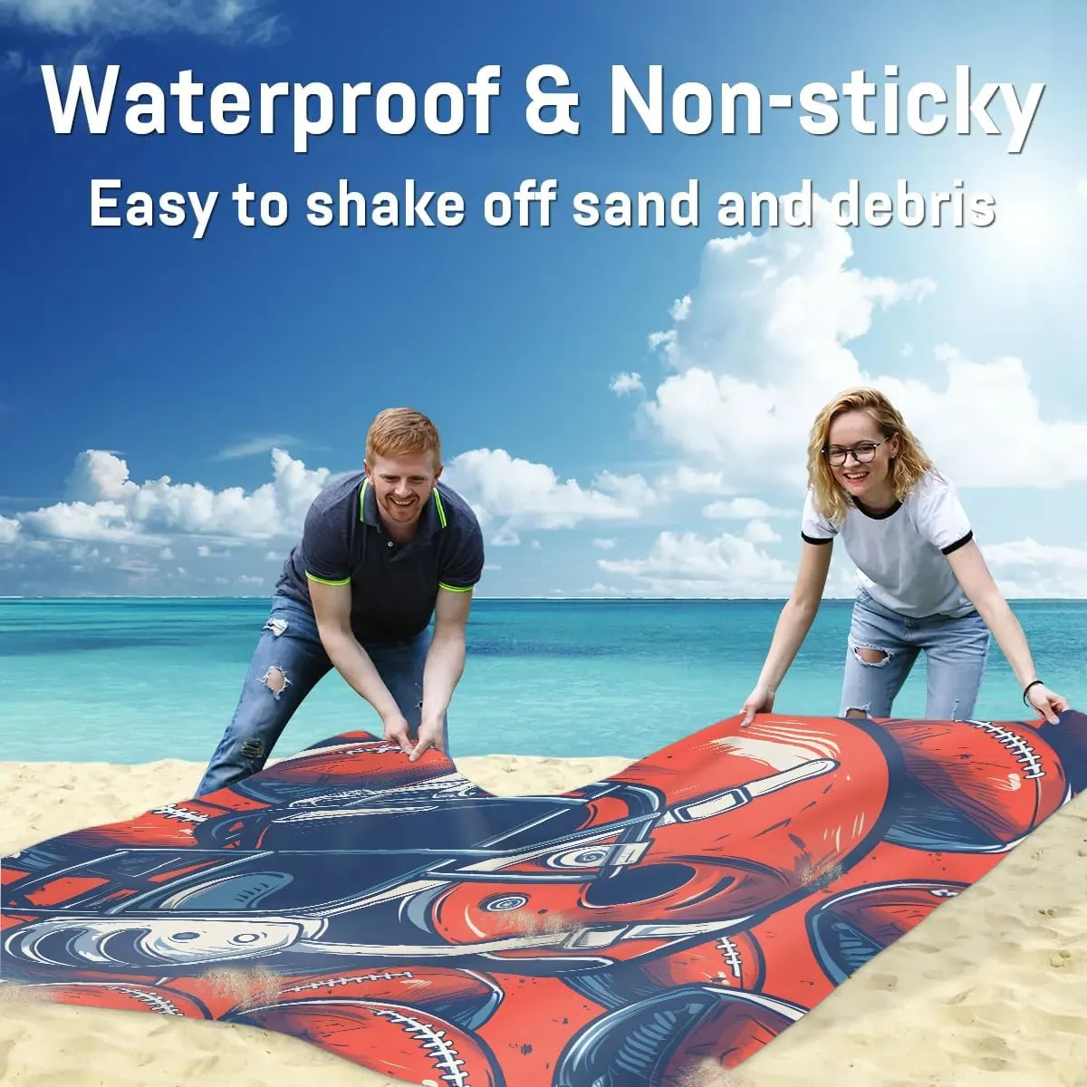 Rugby Hat Beach Blanket, Sandproof Beach Mat, 68 x 59 Waterproof Quick Drying Sand Free Mat with 4 x Ground Spikes for Outdoor Travel Camping Hiking, Rugby Sports