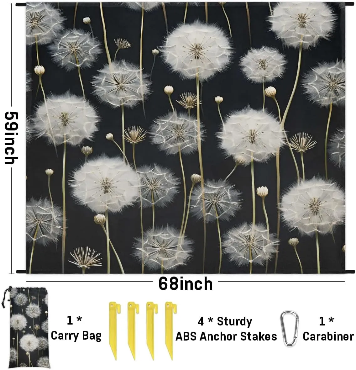 Rustic Dandelion Beach Blanket, Sandproof Beach Mat, 68 x 59 Waterproof Quick Drying Sand Free Mat with 4 x Ground Spikes for Outdoor Travel Camping Hiking, White Dandelion