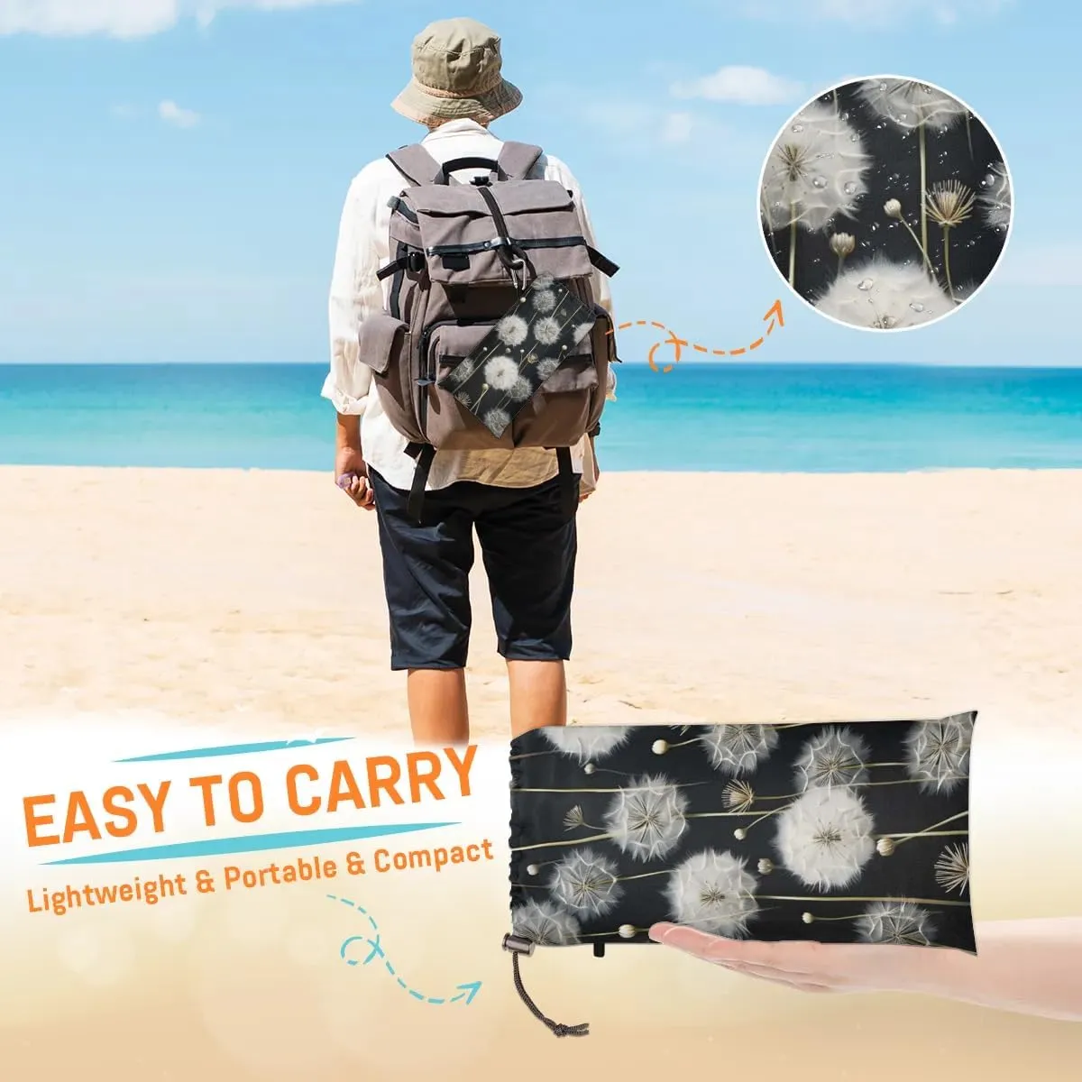 Rustic Dandelion Beach Blanket, Sandproof Beach Mat, 68 x 59 Waterproof Quick Drying Sand Free Mat with 4 x Ground Spikes for Outdoor Travel Camping Hiking, White Dandelion