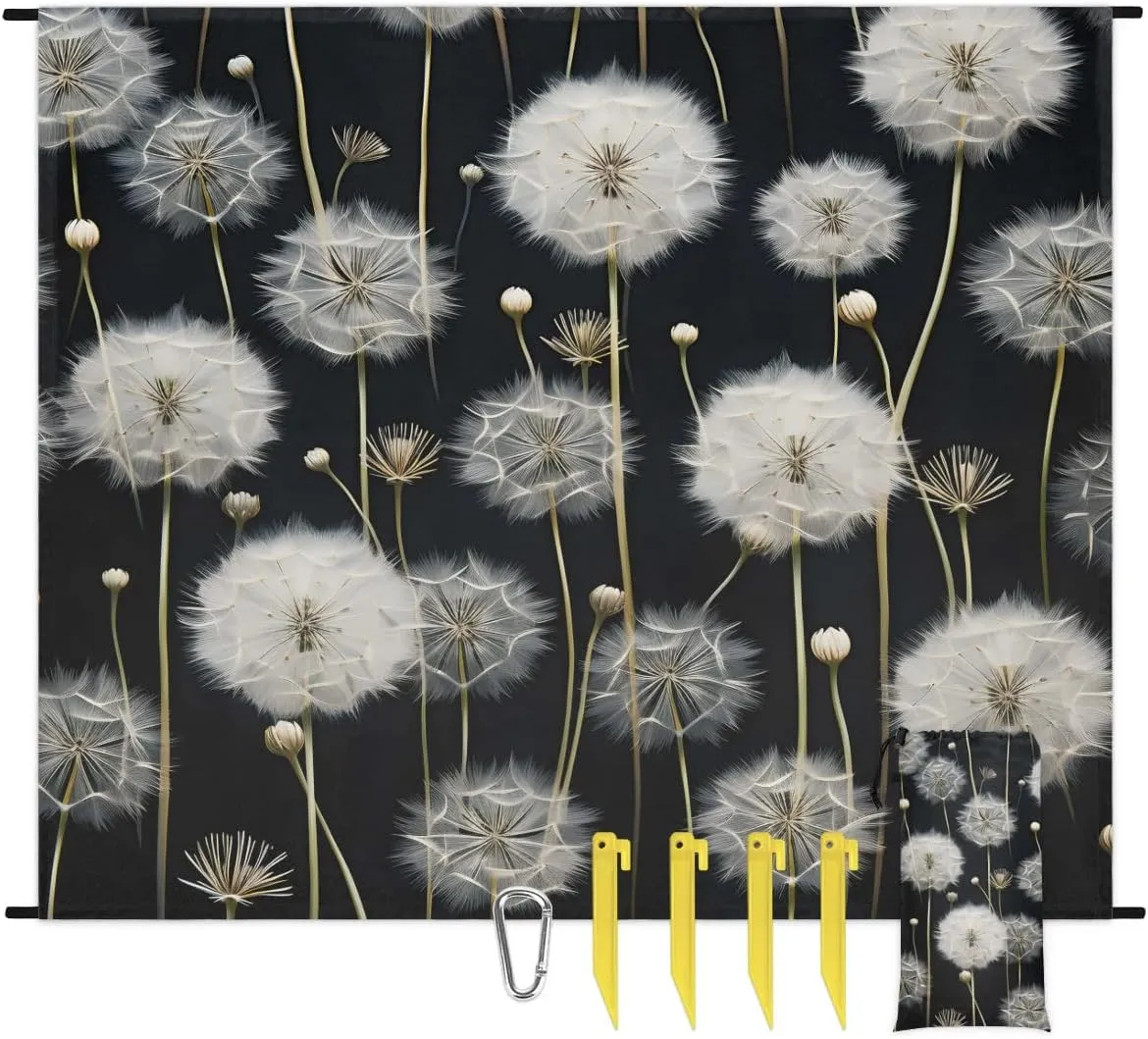 Rustic Dandelion Beach Blanket, Sandproof Beach Mat, 68 x 59 Waterproof Quick Drying Sand Free Mat with 4 x Ground Spikes for Outdoor Travel Camping Hiking, White Dandelion
