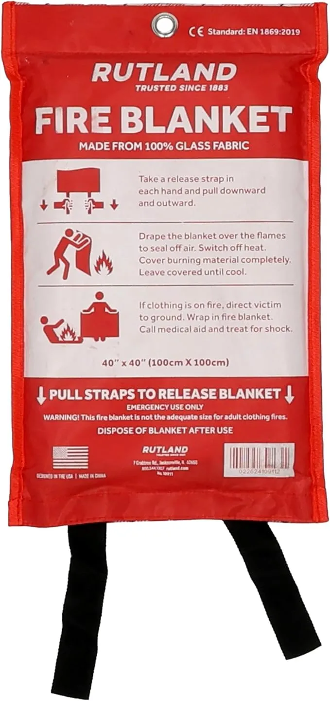 Rutland Fire Blanket for Home and Kitchen Emergency - 2 Pack, 40" x 40" - Fiberglass Fire Suppression Blanket Safety for Grilling, Camping and Boats (2)