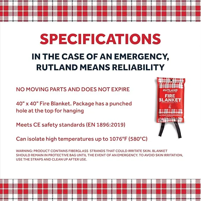 Rutland Fire Blanket for Home and Kitchen Emergency - 2 Pack, 40" x 40" - Fiberglass Fire Suppression Blanket Safety for Grilling, Camping and Boats (2)